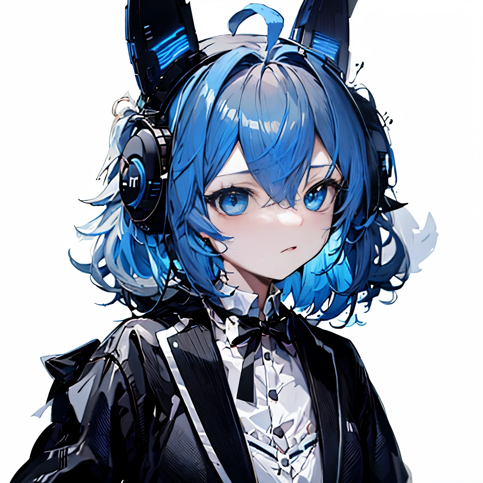 【Highest Quality, masutepiece】 [1 girl in,expressioness, (blue hair:1.3),Blue eyes,headphone,mechanical rabbit ears, ] (Gray white background:1.3),