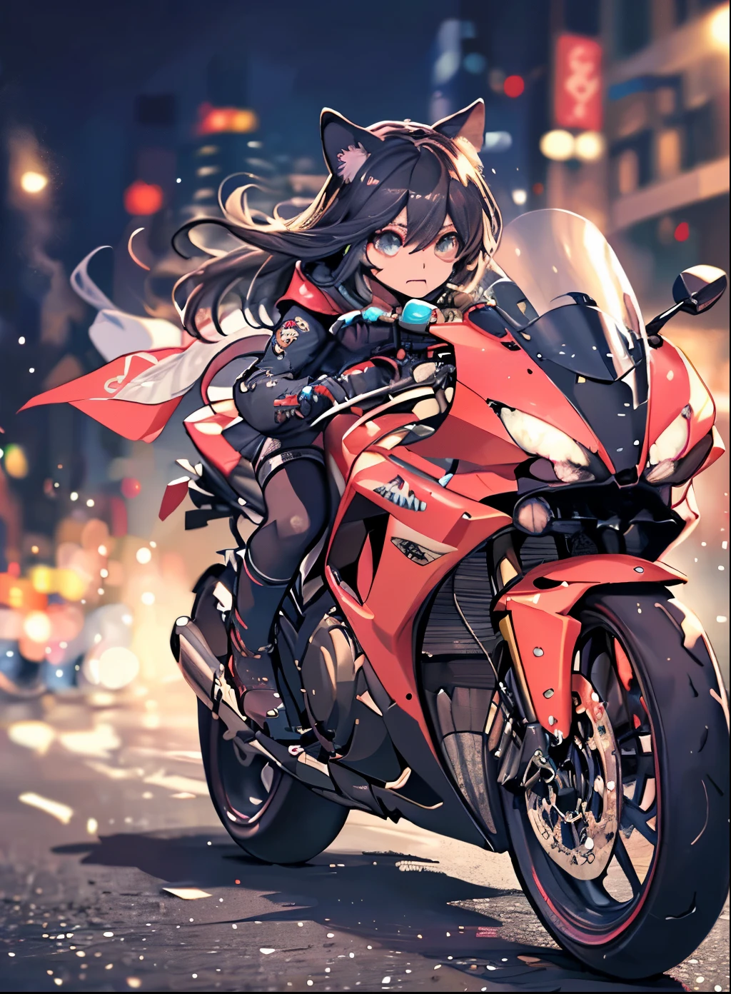 ((​masterpiece、top-quality))、fast red bike city、(slow motion:1.3)、(motion-blur:1.3)、(SPEEDLINE:1.4)、Sense of speed、catgirl、Lustrous hair、blue eyess、sparks and smoke from tires、Hair blown in the wind