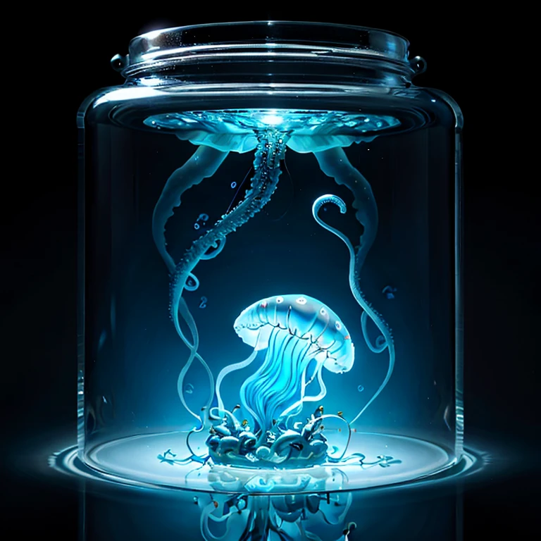 let there be light, 1 tiny blue jellyfish in glass pot, surreal art, in deep water, church, tentacles