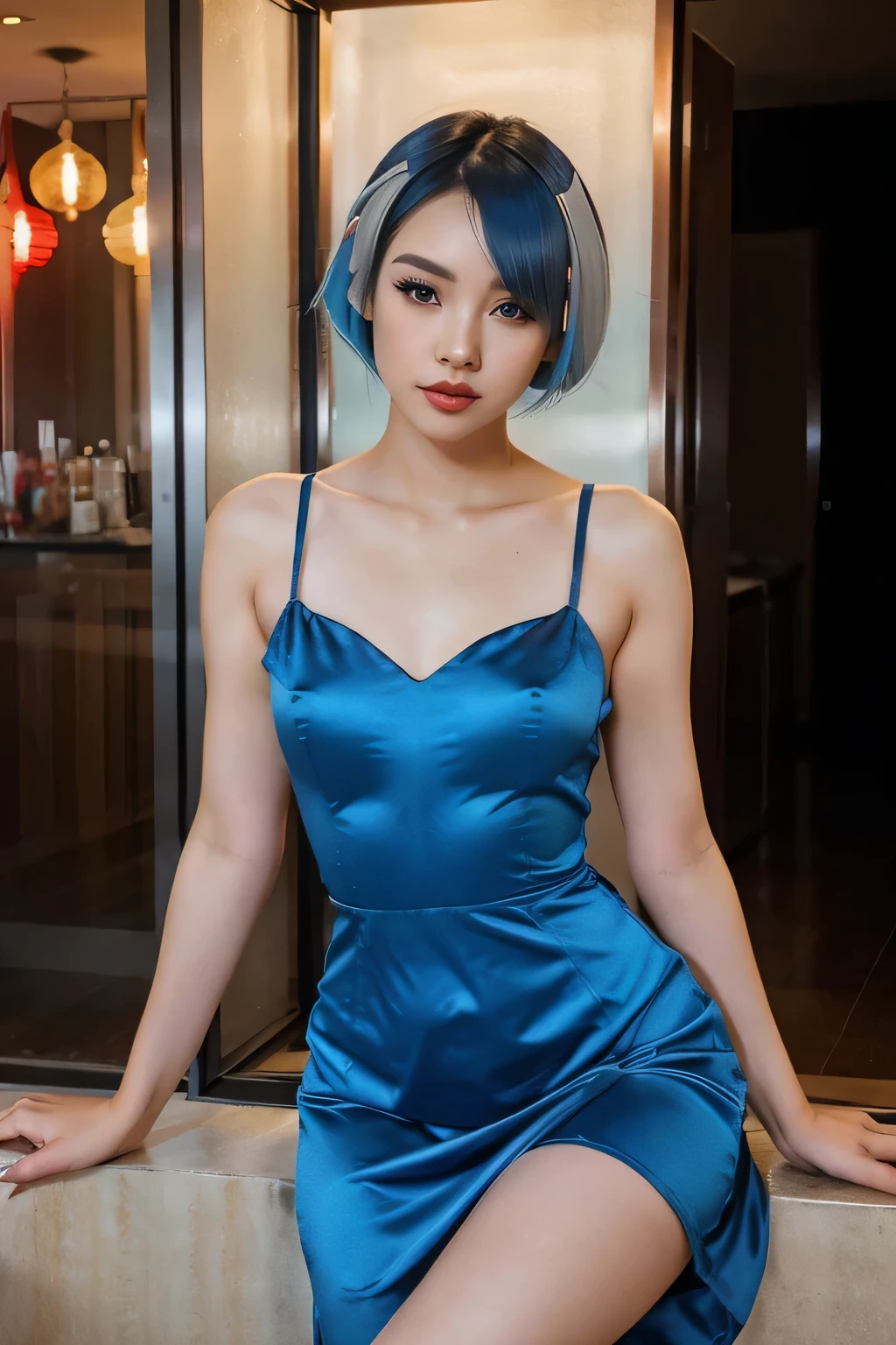 Beautiful young girl, Asian American, pale skin,  make up, Short blue hair, Red dress, party