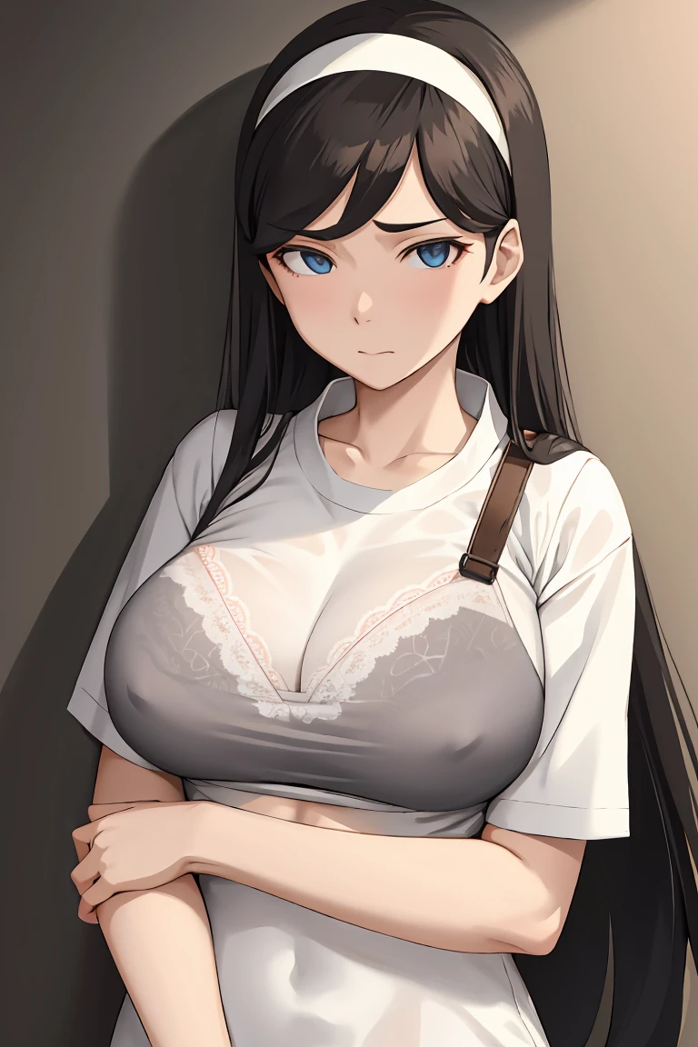 bra visible through clothes, 1girl,solo, upper body, black bra, kumashiro maya, hairband, long hair, white shirt, ,