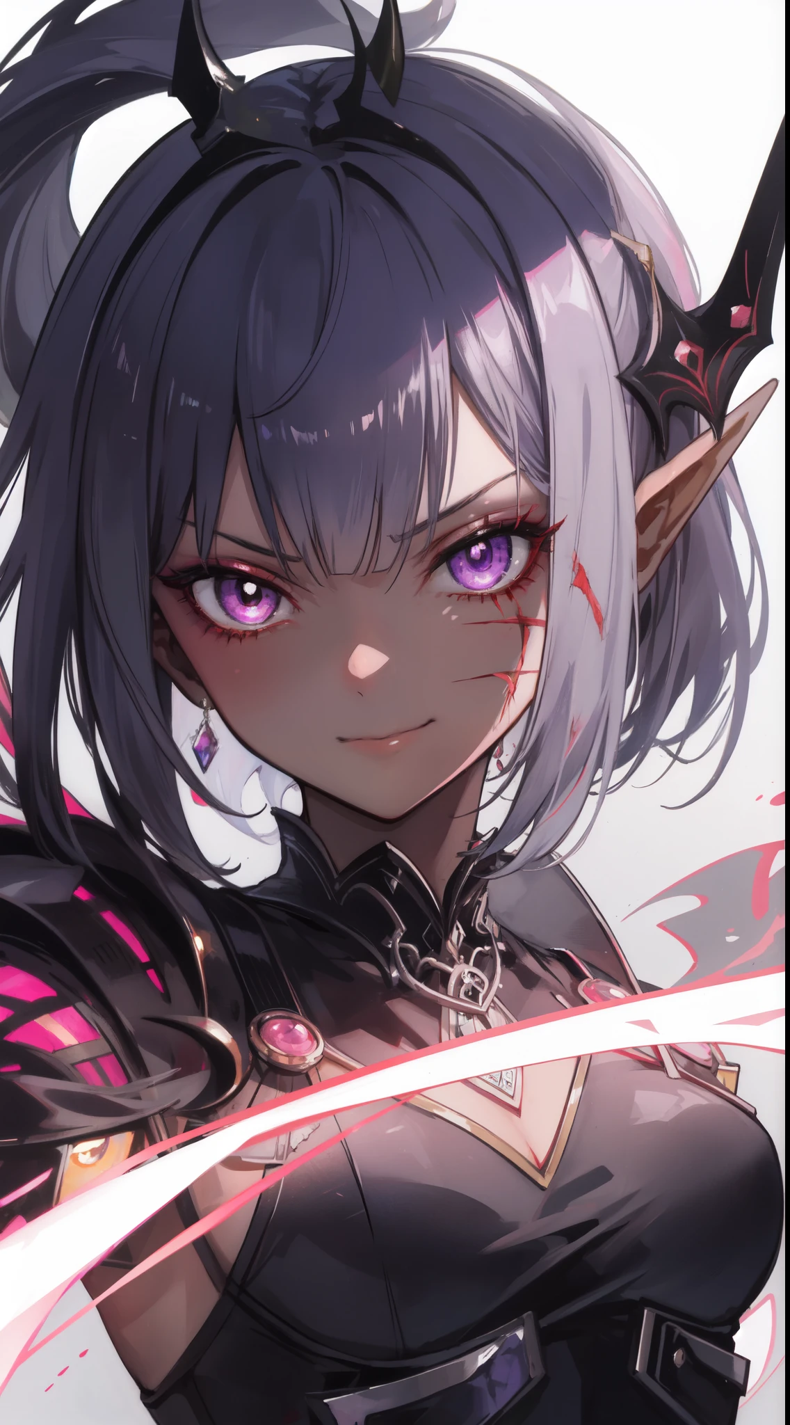 ((masterpiece, best quality)), the chaos knight, design by Yoshitaka Amano , life bringer, justice, death, death's gaze, demon within, corrupted, frank frazetta, BREAK, highly detailed of (dark elf), (1girl), solo, perfect face,details eye, short hair, low ponytail, Blunt bangs, (hair between eye), white hair, violet eyes, fantasy art by Artgerm, by Kawacy, by Wadim kashin, BREAK, eyelashes, eyeshadow, pink eyeshadow, ((Scar on face)), dark skin, glaring, smile,