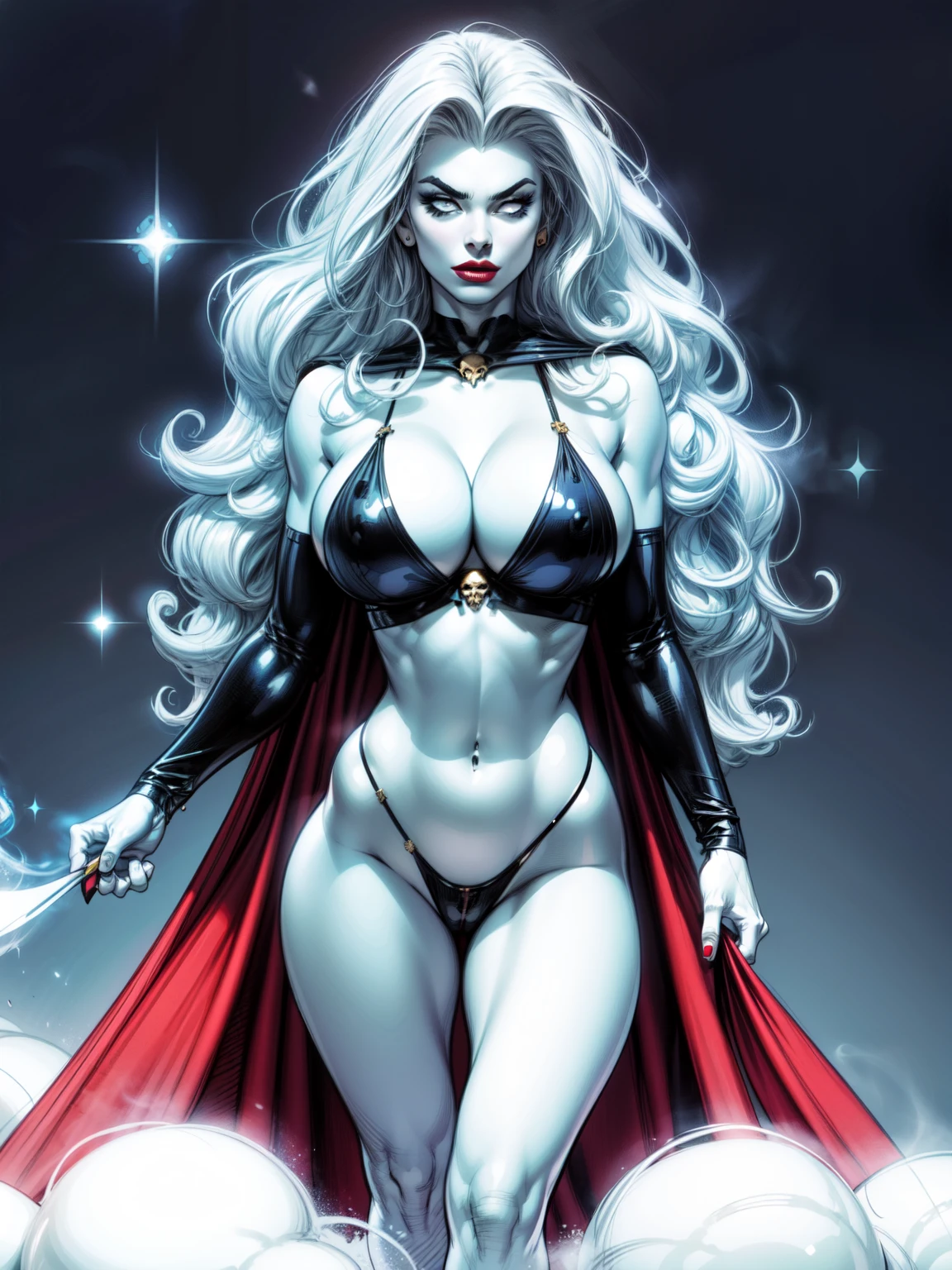 Lady_death_bikini_ facing front,power stance, mascara, blank_eyes,long hair,breasts,white hair,makeup,navel,lipstick,large breasts,wavy hair,white skin,lips,curly hair,red lips,very long hair,toned, cape, narrow_waist, curvy,pale skin, thick_eyelashes, thick eyebrows, big hair, blue background, walking into smoke and fire, sparkles