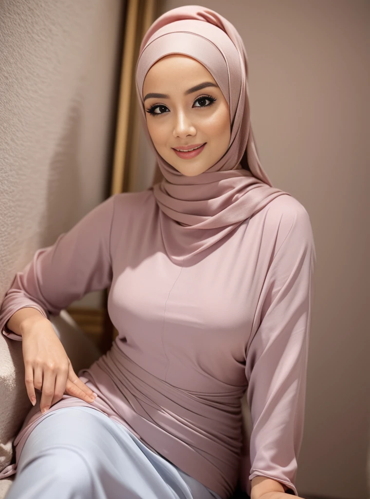 (4k, very realistic, soft light, muted colour), 2 girl, wearing a pink hijab, wearing beige sweater, lower off shoulder sweater, wearing long necklace, (wearing white pleated skirt), sweater follow the shape of body, leaning on sofa, hands on hips, cleavage, (white background), slim body, huge , (huge breast 1.6), kawaii, shot from above, smile