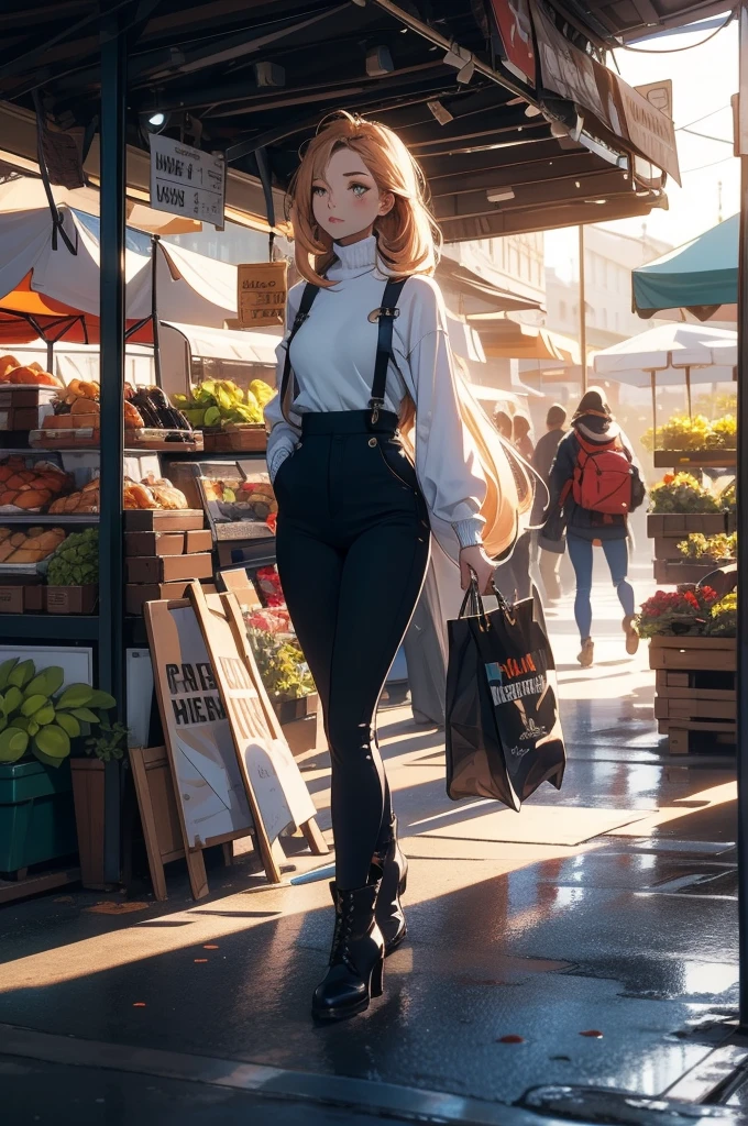short black overall, white turtleneck, black kneehigh high heeled boots,
strawberry blonde, straight long hair,
1girl, solo,
walking at market place, from side, sunny day, masterpiece, high quality face, high quality girl,