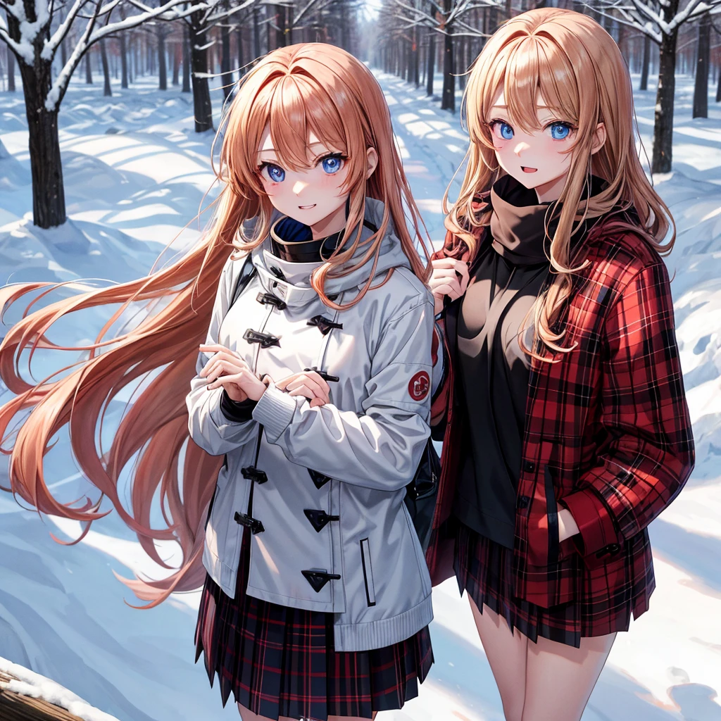 red blonde、blue eyess、one good looking girl、独奏、animesque、Plaid miniskirt、Black T-shirt、coat、the woods、Sunlight、Looks cold、Snow is piled up、kicking snow、Wearing a muffler、Gah、Rime
