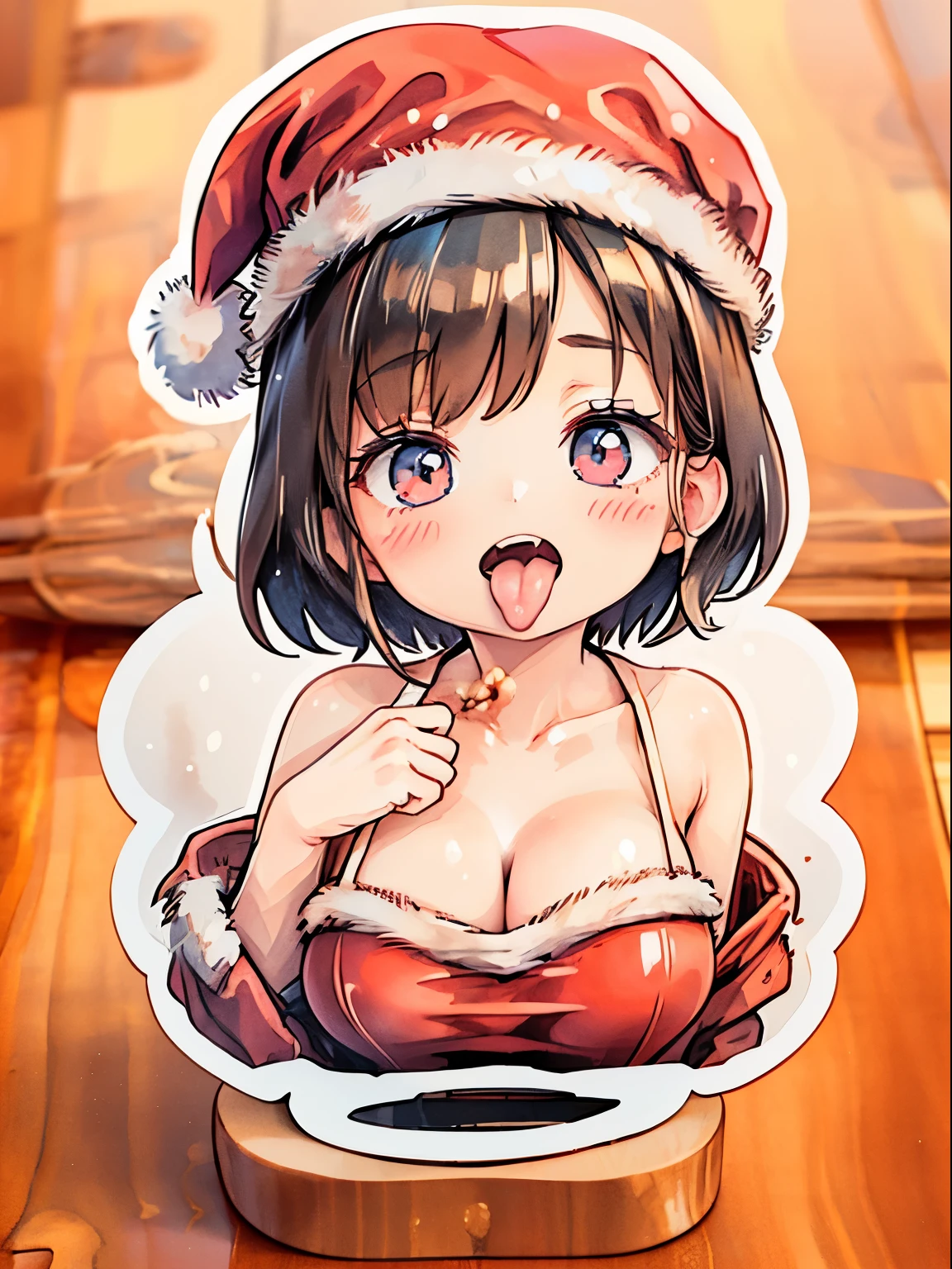 animesque、a sticker、顔と口メインのa sticker、Close-up of the mouth、1beautiful girl、Santa Claus Girl、19、(((I mainly draw the mouth、super close up of mouth、tongue、long tongue、sticking out the tongue、Show the inside of the mouth、Open your mouth wide and show me your throat)))、Santa's Hat、short-hair、teak、lip stick、Colossal tits、cleavage of the breast、simple background、