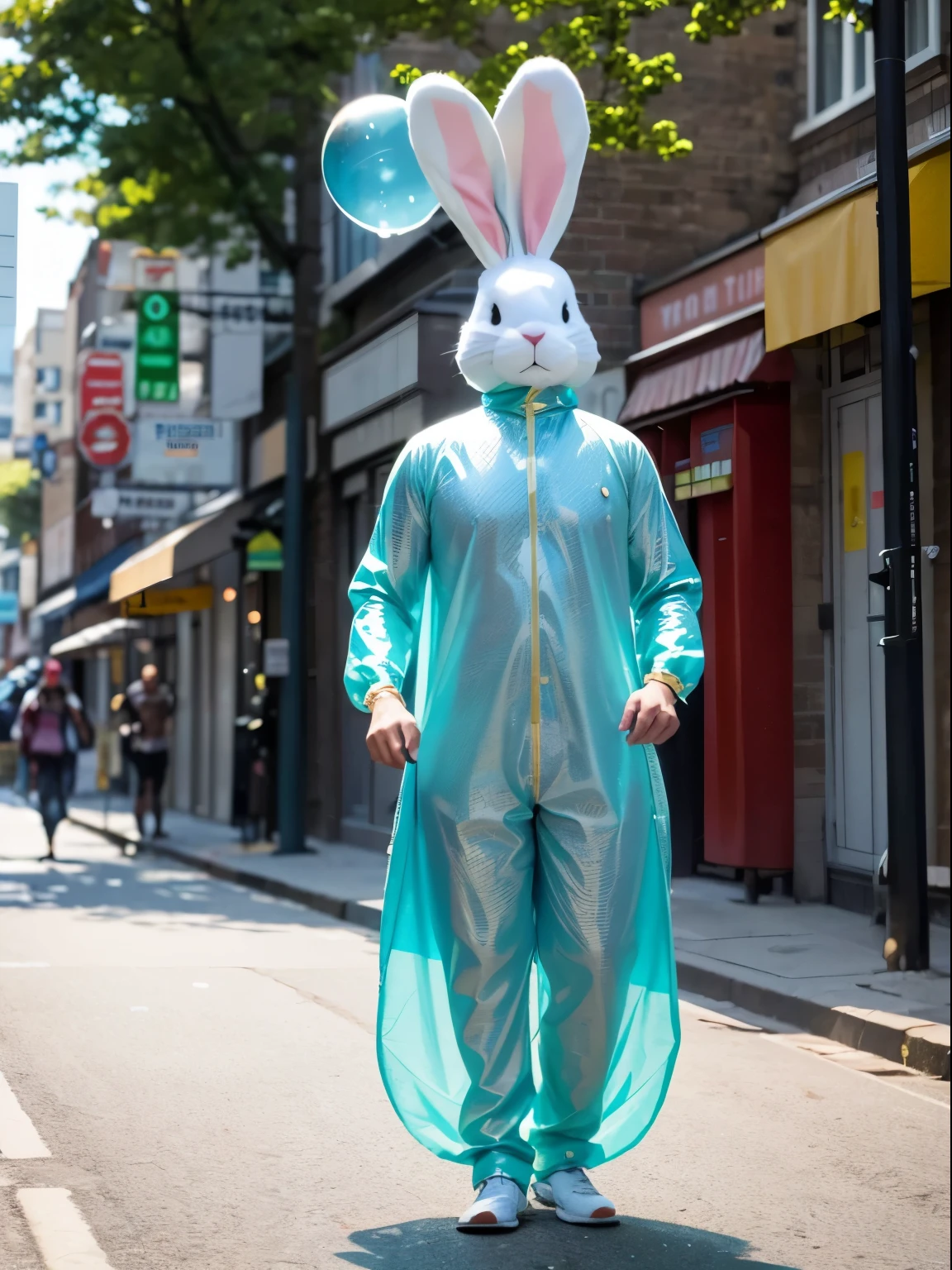 As he hops down the street, children stare in awe at the rabbit man wearing a strange costume made of bubbles. The bubbles seem to shimmer and change color as he moves, creating a mesmerizing effect. As he makes his way through the city, people can't help but wonder where he came from and what his story . Does he have some kind of magical power that allows him to create the bubbles, or he just an eccentric performer looking to entertain the masses? What adventures await him in his bubbly costume, and how will he use his unique abilities to overcome any obstacles that come his way? The answers to these questions and more lie in the mysterious world of the rabbit man in his strange bubble costume