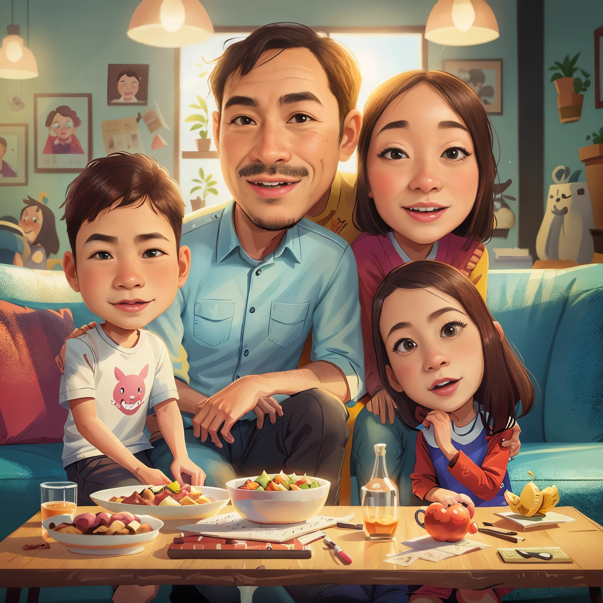 cartoon family portrait of a man, woman, and two children, caricature illustration, digital art cartoon, in cartoon style, cartoon digital painting, cartoon digital art, potrait, cartoon portrait, an indonesian family portrait, cartoon artstyle, caricature style, digital cartoon painting art, realistic cartoon, cartoon style illustration, family portrait, happy family, cartoon art style, high quality portrait