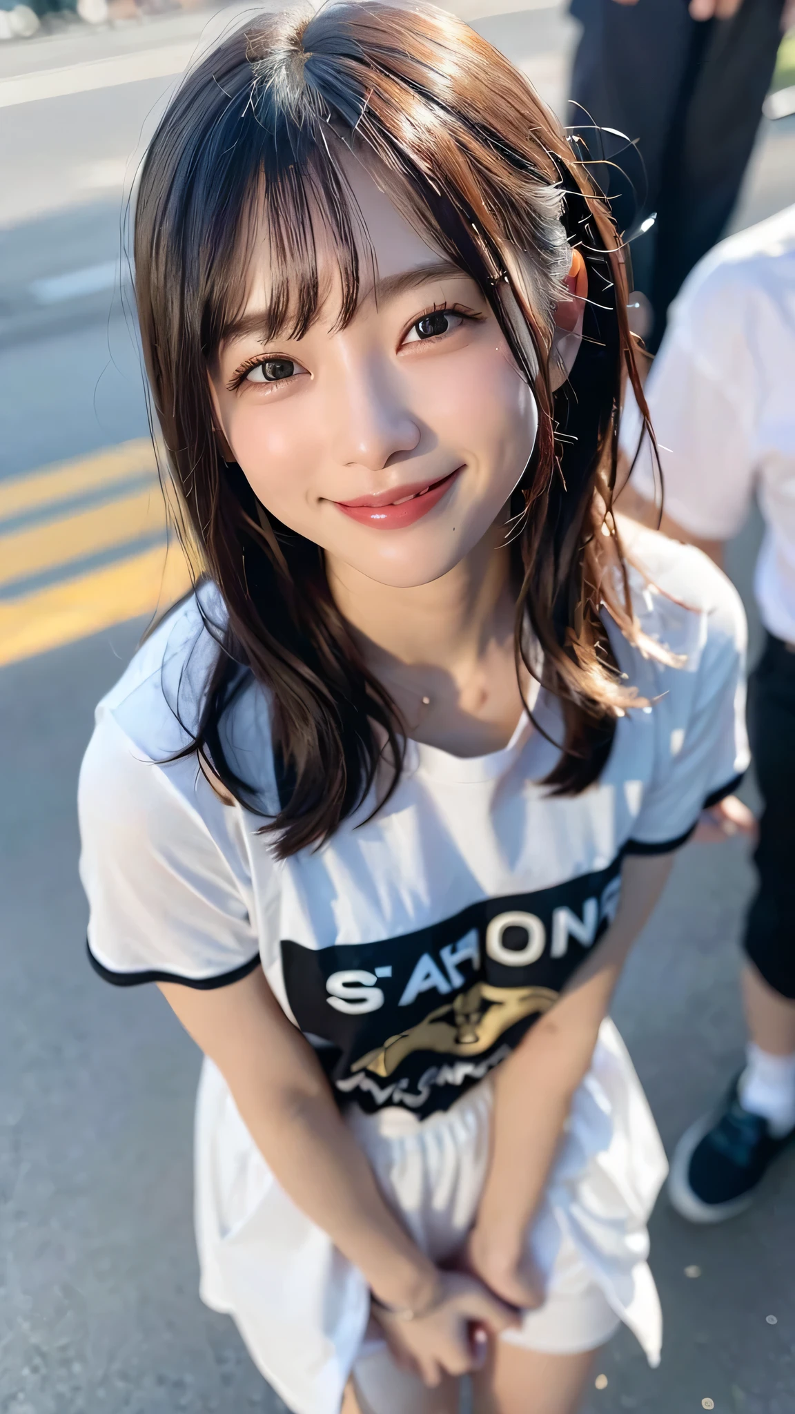 (top-quality、8K、32K、masuter piece、nffsw:1.2)、Cute Japan Girl、女の子1人、bobhair、profile、(slim figure:1.2)、(lip rack hair）、二重まぶた、shinny skin、Realistic rays、mare、beauitful face、(A smile:1.3)、crouching down、(From  above:1.2)、(a closeup:1.4)、shores、T-shirt rally background、(Front Focus)、(Dark: 1.6)、Fantasy Art、photoRealstic、Professional Lighting、extra detailed face、Award-winning、deep-shadows、