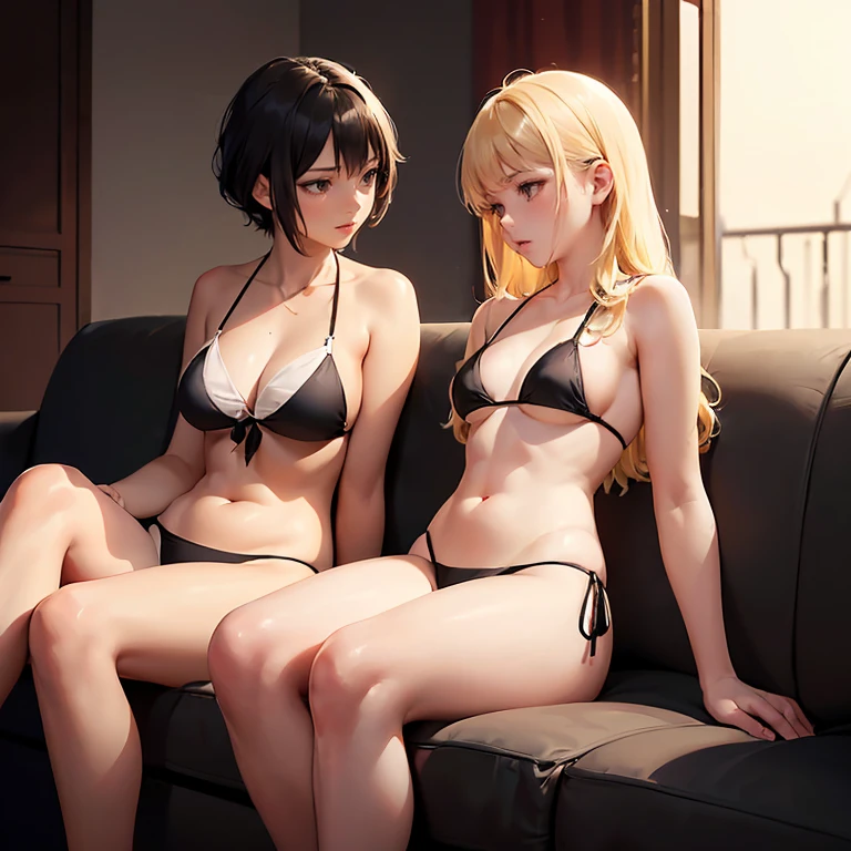 masterpiece, best quality, ultra detailed, beautiful face, beautiful skin, professional lighting, 2girls, (((on the right is a flat chest black bikini short black hair girl))), (((a little further away on the left is a large breasts white bikini long blonde hair girl))), full body, on sofa