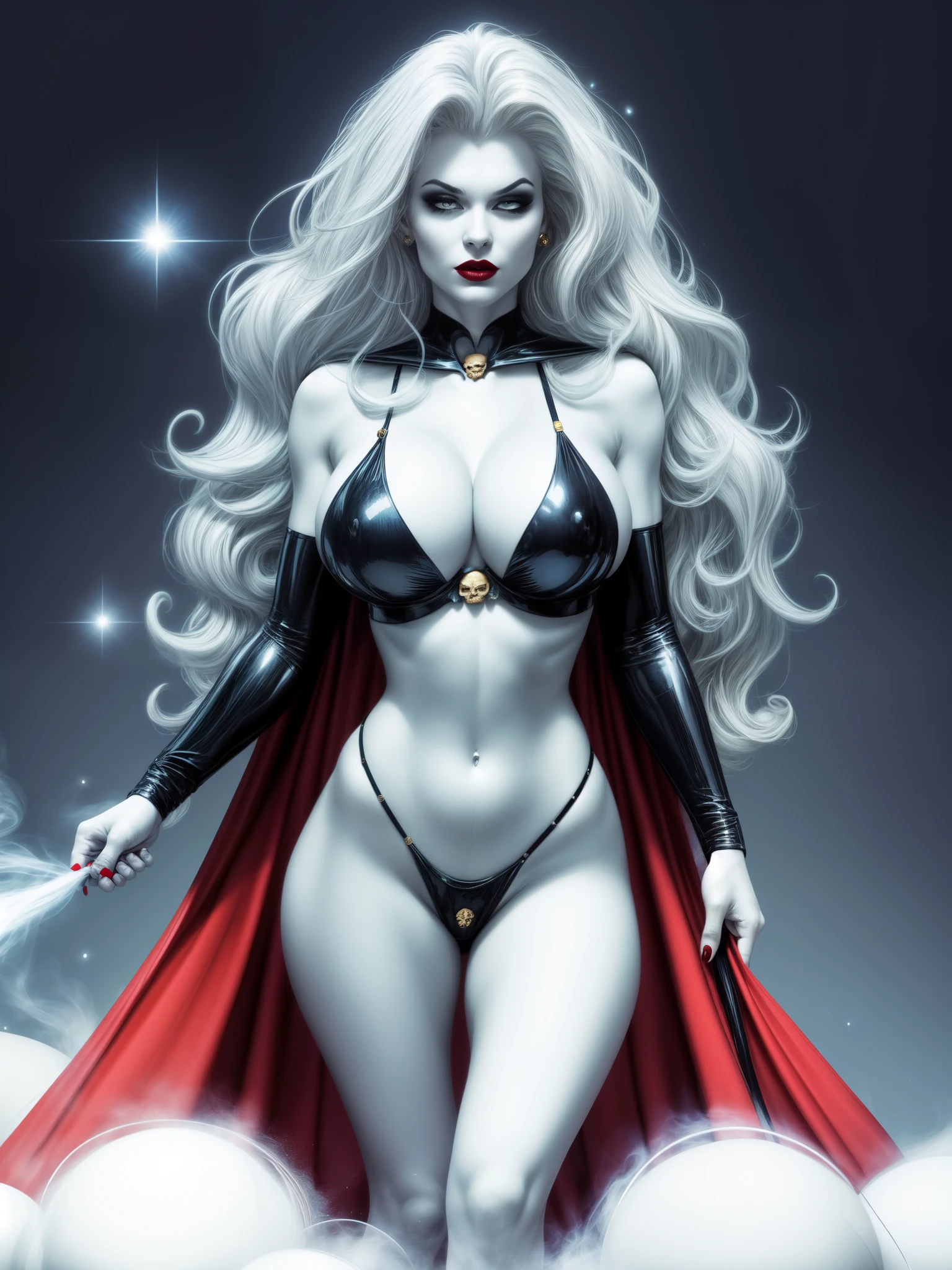 Lady_death_bikini_ facing front,power stance, mascara, blank_eyes,long hair,breasts,white hair,makeup,navel,lipstick,large breasts,wavy hair,white skin,lips,curly hair,red lips,very long hair,toned, cape, narrow_waist, curvy,pale skin, thick_eyelashes, thick eyebrows, big hair, blue background, walking into smoke and fire, sparkles