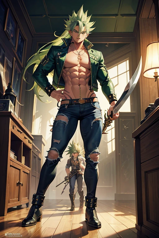 Highly detailed, (masterpiece), best quality, expressive eyes, perfect face, 1man, Spiked hair, long hair, Super Saiyan Trunks Hair, Green hair, green eyes, Bulky Body Builder Masculine body, Green leather Jacket & Jeans, Holding a Gigantic Battle Axe Spear Hammer, combat boots, full body, back view