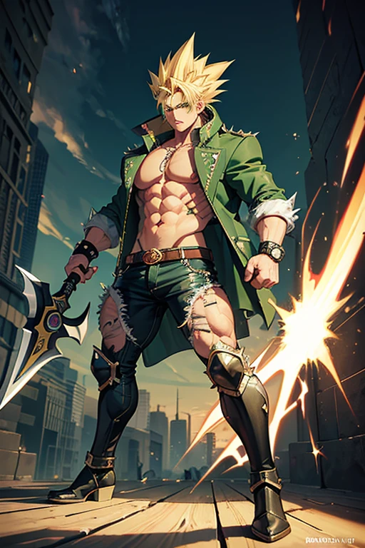 Highly detailed, (masterpiece), best quality, expressive eyes, perfect face, 1man, Spiked hair, long hair, Super Saiyan Trunks Hair, Green hair, green eyes, Bulky Body Builder Masculine body, Green leather Jacket & Jeans, Holding a Gigantic Battle Axe Spear Hammer, combat boots, full body, back view