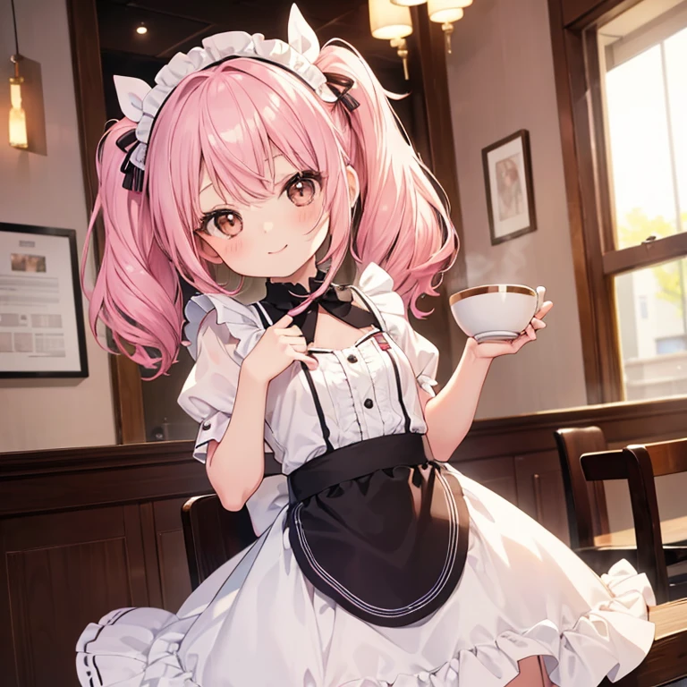 high quality, detailed, 1girl, loli, infant, 10 years old, flat breast, maid, pink hair, voluminous hair, short twin tails, brown eyes, vivid smile, serving coffee, in cafe,