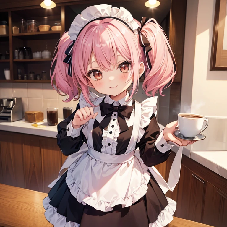 high quality, detailed, 1girl, loli, infant, 10 years old, flat breast, maid, pink hair, voluminous hair, short twin tails, brown eyes, vivid smile, serving coffee, in cafe,