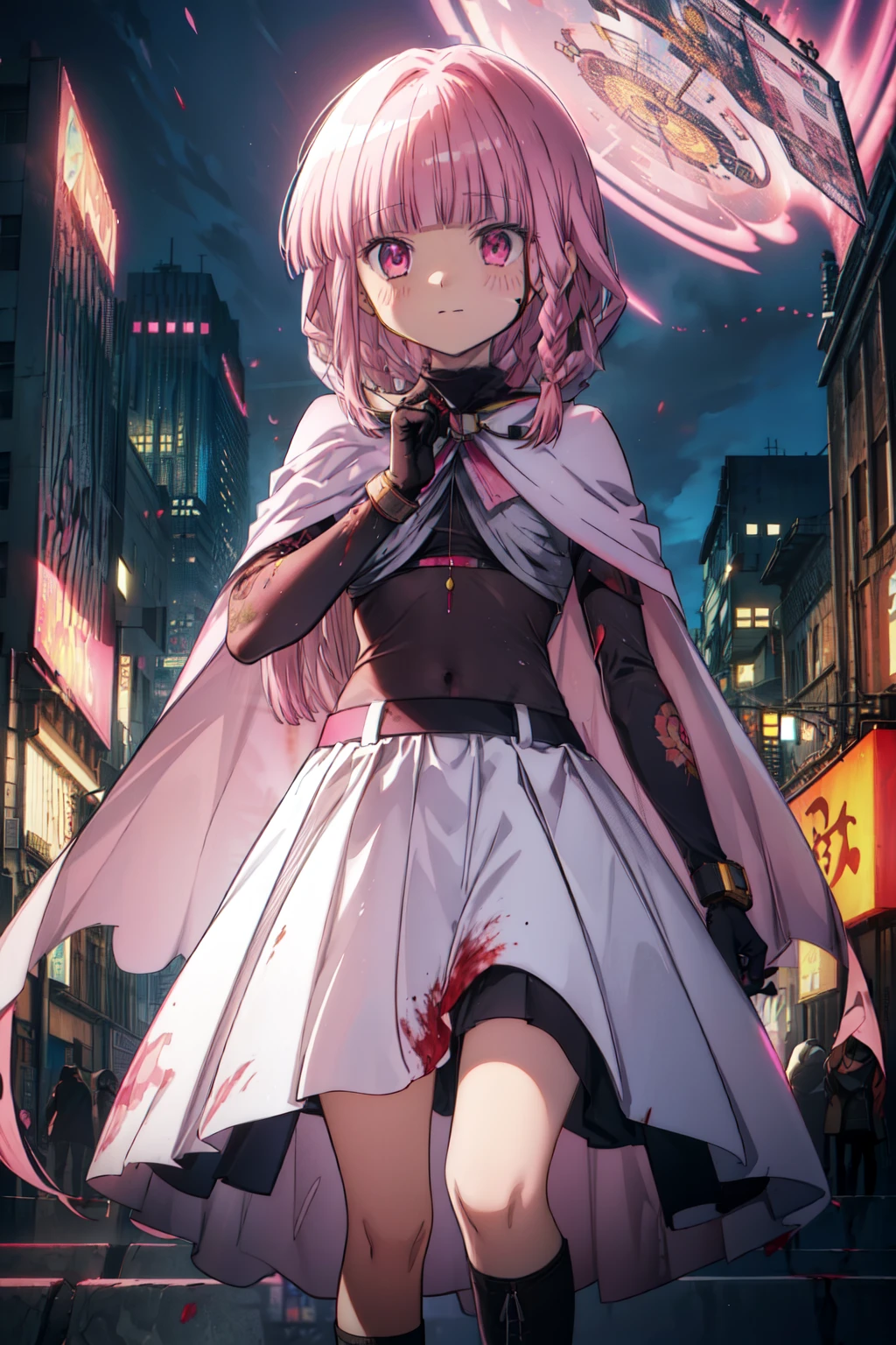 (1girl, solo), tamaki_iroha_puellamagimadokamagicasidestorymagiarecord, pink hair, (blunt bangs:1.5), (pink eyes:1.5), braid, sidelocks, long hair, (small breast:1.2), (white cloak, hooded cloak, bow,) looking at viewer, smile, blush, (blood, covered in blood, blood on arm, blood on face, blood on clothes, blood on hands, blood wet), jewelry, shoes, indoor, (masterpiece:1.2), best quality, high resolution, unity 8k wallpaper, (illustration:1.5), magical girl, anime style, anime coloring, (beautiful detailed eyes:1.6), extremely detailed face, perfect lighting, extremely detailed CG, (perfect hands, perfect anatomy), (dynamic pose, dynamic angle:1.1), (full body:1.2), (depth of field), quality focus, sharp focus, perfect composition, shaded face, cyberpunk setting, ruined futuristic city in background, various colors, (details:1.2), colorful, shadow, scenery, intricate, caustics, wide shot, extremely detailed background,