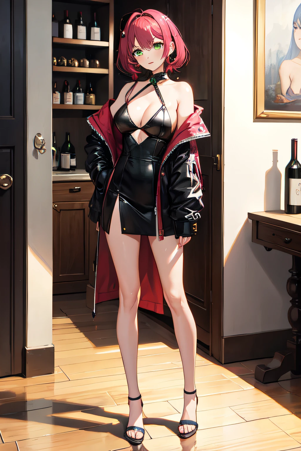 Wine-colored hair , Hot Girl, with forms, Green eyes,full height