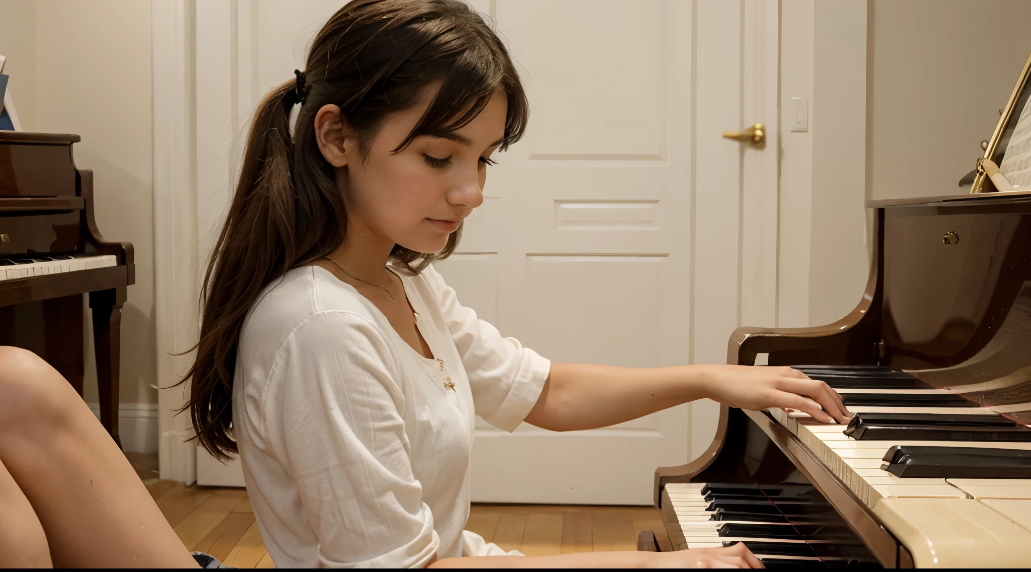 A picture of a girl in her twenties playing the piano