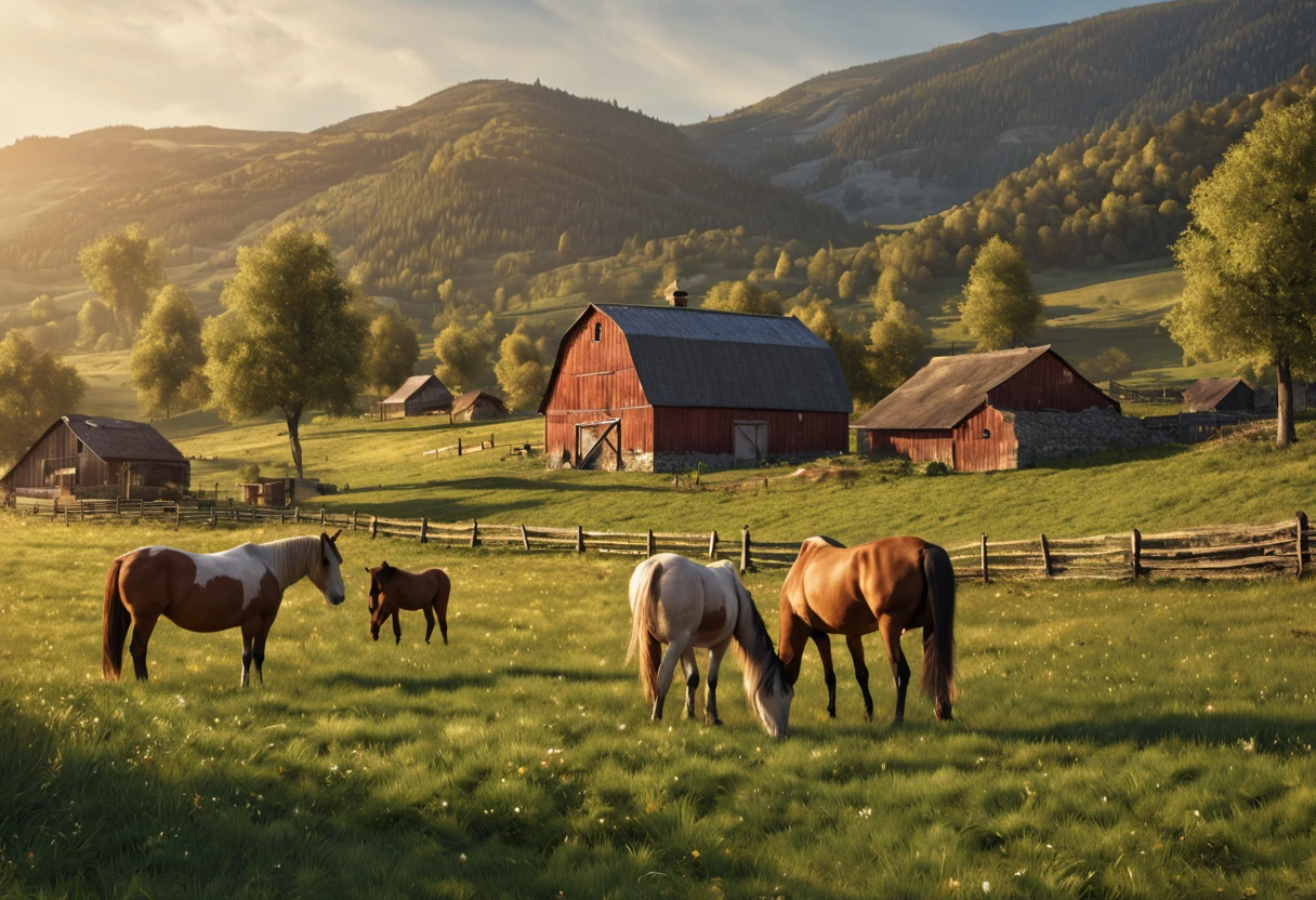 (best quality, 4k, 8k, high resolution, masterpiece: 1.2), ultra detailed, (realistic, photorealistic, photorealistic: 1.37), countryside, country farm, beautifully painted landscapes, vibrant colors, golden sunlight, hills, majestic mountains, lush green fields, calm and peaceful atmosphere, animals grazing peacefully, stables with horses, hardworking farmers, traditional agricultural tools, barn full of bales of hay, freshly plowed soil, crops ripe for harvest, fruit orchards in full bloom, abundant vegetables in the garden, freshly picked eggs in baskets, children playing in the meadow, traditional farm architecture surrounded by the beauty of nature, nature in perfect harmony with human existence.