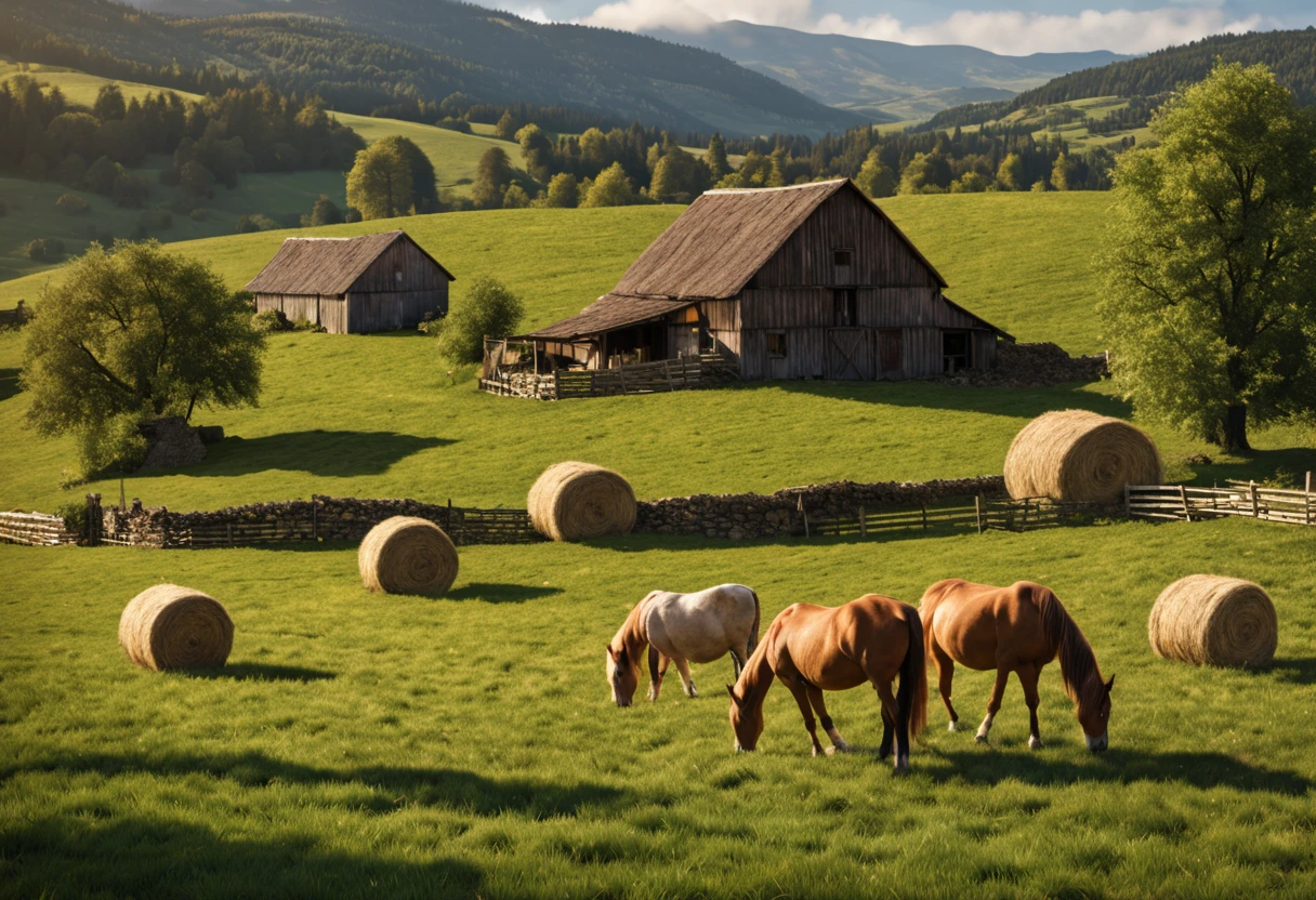 (best quality, 4k, 8k, high resolution, masterpiece: 1.2), ultra detailed, (realistic, photorealistic, photorealistic: 1.37), countryside, country farm, beautifully painted landscapes, vibrant colors, golden sunlight, hills, majestic mountains, lush green fields, calm and peaceful atmosphere, animals grazing peacefully, stables with horses, hardworking farmers, traditional agricultural tools, barn full of bales of hay, freshly plowed soil, crops ripe for harvest, fruit orchards in full bloom, abundant vegetables in the garden, freshly picked eggs in baskets, children playing in the meadow, traditional farm architecture surrounded by the beauty of nature, nature in perfect harmony with human existence.