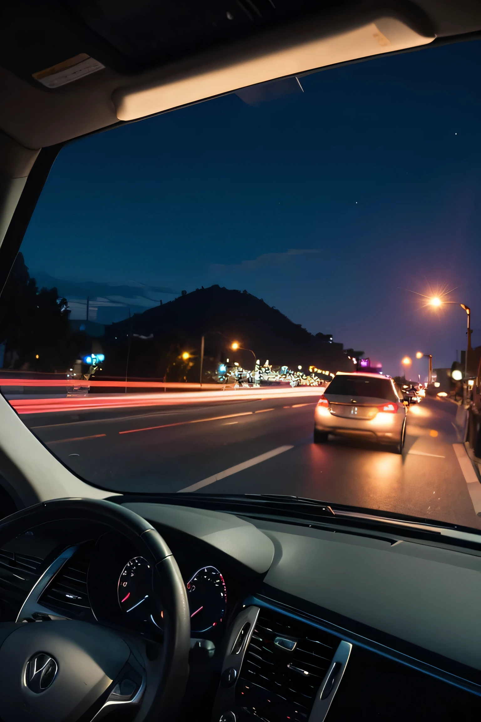 A man driving a convertible car in the city at night：illuminations、chee。