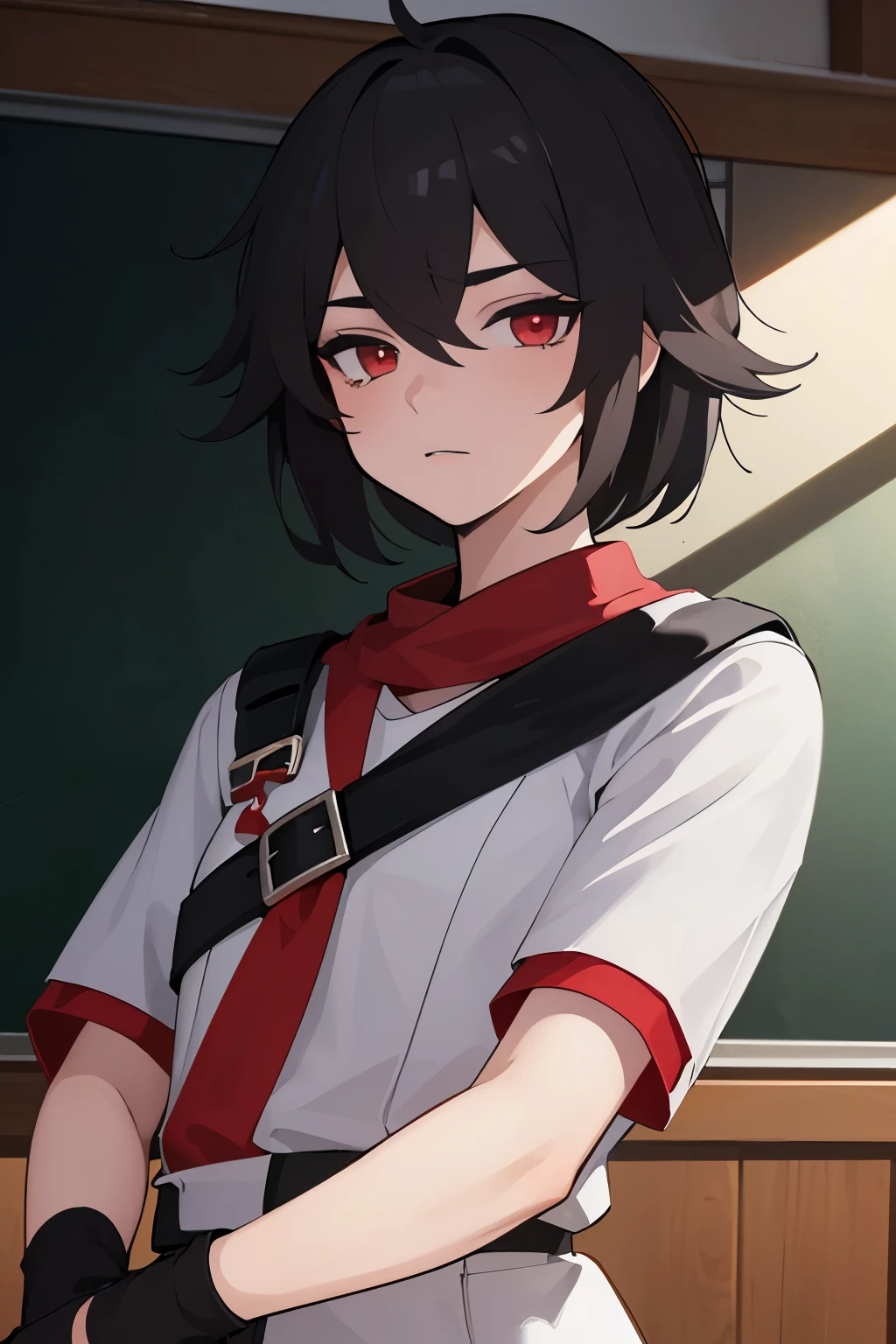 (best quality, highres:1.2), ultra-detailed, (realistic:1.37) Cartoon cute boy, yandere male, charming, handsome, red eyes, fashionable hair, short detailed hair, playful expression, side face avatar, black hair, classroom, high school place, vivid colors, portrait, vibrant lighting