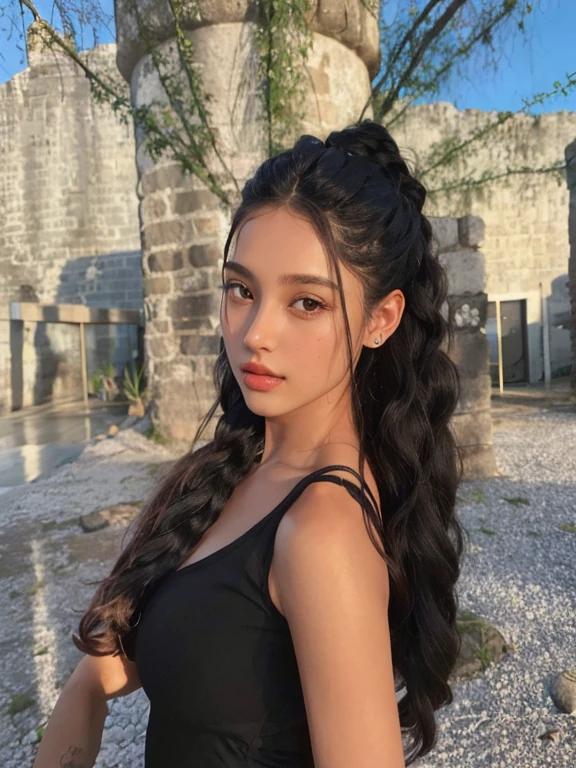 uma mulher com cabelos longos em frente a um muro de pedra, Retrato Sophie Mudd, soft devil queen Cerveja Madison, cabelo de rabo de cavalo preto, rabo de cavalo preto longo, Cerveja Madison girl portrait, Cerveja Madison, mulher linda, linda senhora, long black braided hair, cabelo preto longo em um rabo de cavalo, Penteado meio updo, preto longo cabelo encaracolado longo, Modelo do Instagram, Poarch bonito