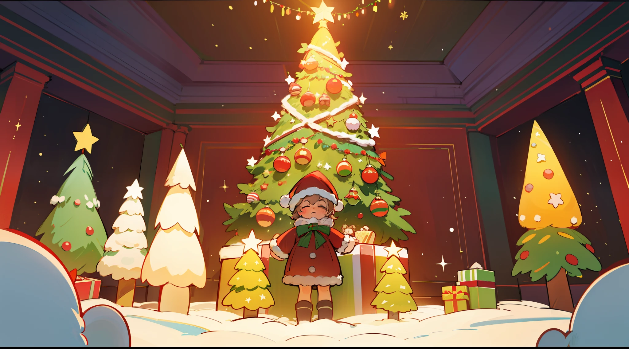 Best quality,16k,8K,True exposure,ray traycing,Superior image quality,Christmas poster,Childlike,Christmas atmosphere,A real Christmas tree,pomponell,Luminous colored light bar,Inside the room,Chilling,Santa hat,Walls covered with Christmas decorations,snowflower
