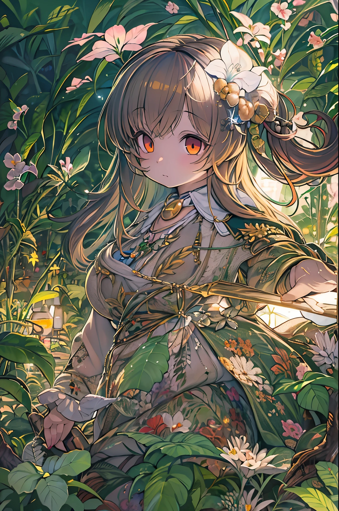 (8K, of the highest quality, masutepiece: 1.2), (Realistic, photoRealistic: 1.37), Super Detail, One girl, Wide-angle angle of view, Firefly Garden, There are many small faint lights and fireflies flying around, Night,Chibi、huge-breasted