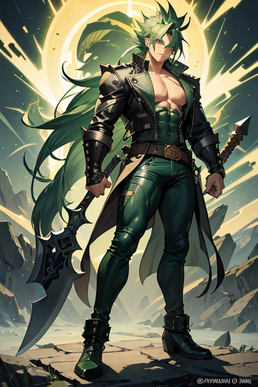 Highly detailed, (masterpiece), best quality, expressive eyes, perfect face, 1man, Spiked hair, long hair, Super Saiyan Green hair, green eyes, Bulky Body Builder Masculine body, Green leather Jacket & Jeans, Holding a Gigantic Battle Axe Spear Hammer, combat boots, full body, back view