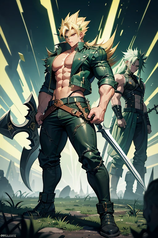 Highly detailed, (masterpiece), best quality, expressive eyes, perfect face, 1man, Spiked hair, long hair, Super Saiyan Green hair, green eyes, Bulky Body Builder Masculine body, Green leather Jacket & Jeans, Holding a Gigantic Battle Axe Spear Hammer, combat boots, full body, back view