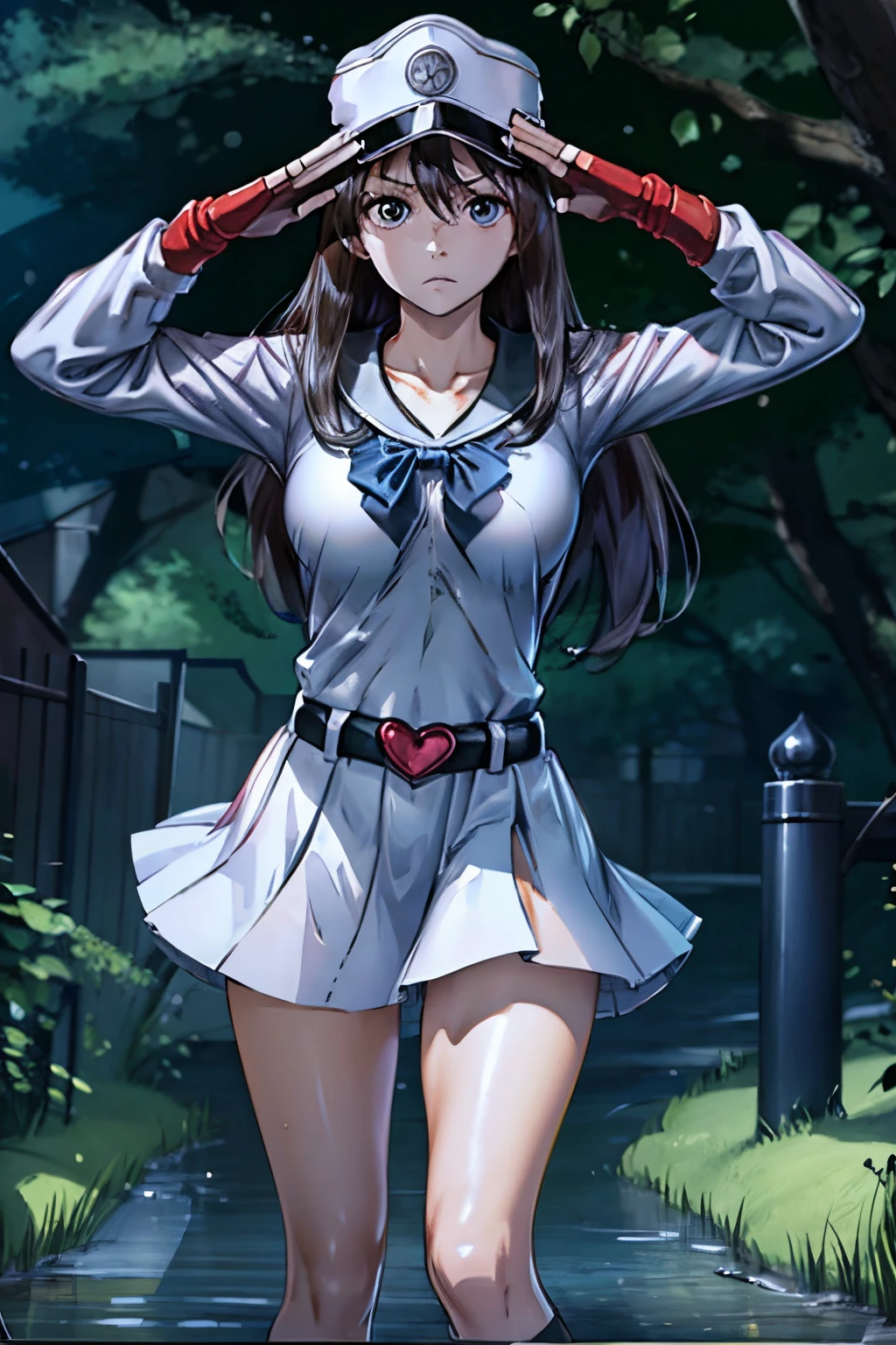 Masterpiece, Best Quality, Highly detailed, illustration, absurdres, white military uniform, white uniform, hat, gloves, (ultra-detailed, high-resolution:1.2),(highly detailed:1.3),  facing, white skirt, standing,  girls, multiple girls, expressionless, blank eyes, looking at viewer, red gloves, emotionless, corrution, mind control, female combatant, full body, hypnotized, unhappy trance, perfect female body, extremely glossy latex, belt, hypnosis, hypnoLora, empty eyes, Mind control device, thigh high, poses, submissive_pose, rubber bodysuit, nazi saluting, military, military saluting, salute, black hair, blue eyes, blue reflection, Kasuga Shiho, Long hair, Bleach, Quincy, hat