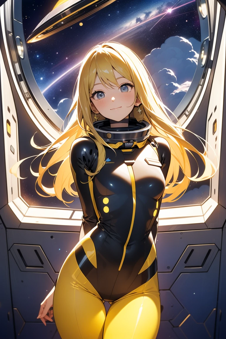 (masterpiece, best quality:1.2), (cowboy shot:1.1), solo, 1girl, mori yuki, slight smile, closed mouth, side view, looking at viewer, blonde hair, long hair, thigh gap, yellow bodysuit, skin-tight, perfect body, large window, (starship porthole:1.3), (spread legs:1.3), (standing:1.1), thigh gap,  pose, sideview, perfect hands, bright starship interior, (outer space view:1.1), (orbital view:1.3), (night, stary sky:1.5), milky way