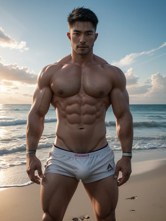 Masseter muscle film、well built、Asian people、male people、35yo、cool guy、twilight yearrush cut、年轻、gay、underdressing、Ultra-thin transparent micro-shaped thong、cool guy、The pectoral muscles are muscular、The eye、short detailed haide in and out、NSFW、Large size、Authentic texture、barechested、large bulge、Rugby player、beachside、soles of feet、wasteland、showers、8K分辨率、profesional lighting、professional photoshooting、Fine details、酷酷的站在beachside