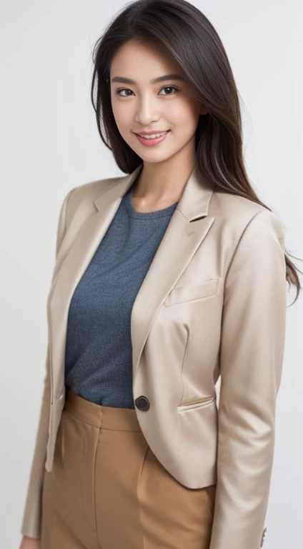 mix4, (Raw photo),(Best Quality), (Photorealistic),( White background:1.2), ,,girl with, Upper body, High Detail Face, Smile,[ash blonde | ginger | brown grey hair], FUJI XT3, beige or camel、High-waisted pants in neutral tones like silver and blue, Combination of silk blouse and structured blazer, Create a sophisticated and powerful look,