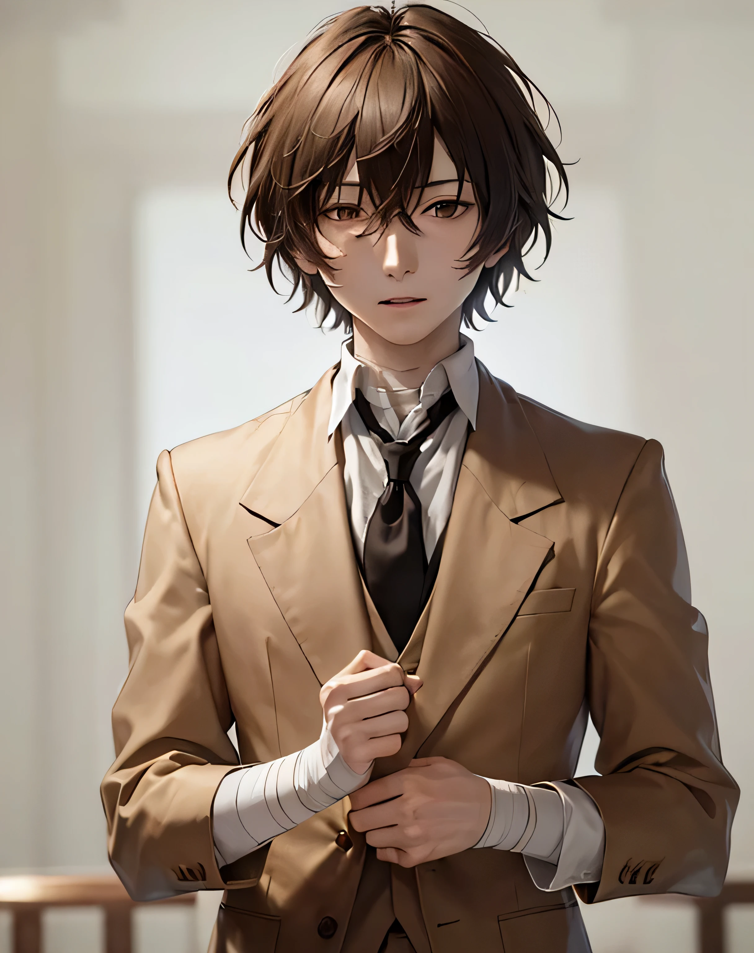 (masterpiece, best quality:1.2), upper body, solo, male focus, 1boy, dazai osamu, expressionless, brown jacket, bandages