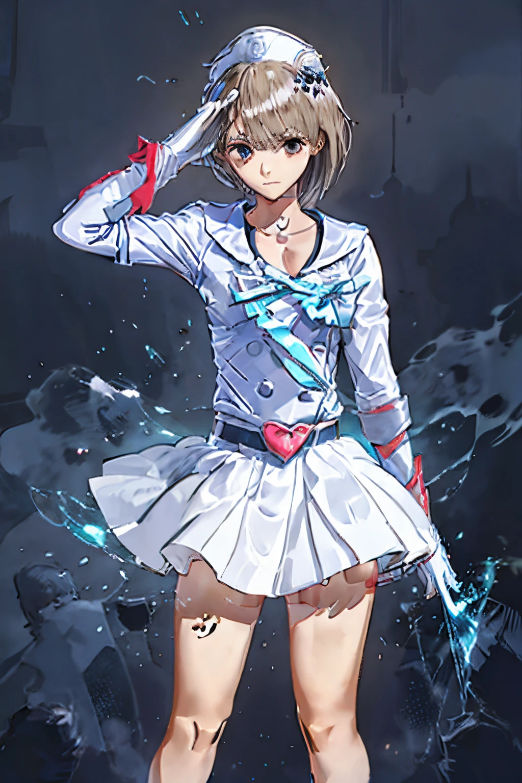 gloves, red eyes, white jacket, white skirt, best quality, masterpiece, Highly detailed, illustration, absurdres, white military uniform, white uniform, white hat, gloves, standing, girls, multiple girls, expressionless, blank eyes, looking at viewer, emotionless, corrution, mind control, female combatant, full body, hypnotized, unhappy trance, perfect female body, extremely glossy latex, belt, hypnosis, hypnoLora, empty eyes, Mind control device, thigh high, poses, submissive_pose, rubber bodysuit, nazi saluting, military, military saluting, salute, Bleach, Quincy, blonde hair, blue eyes, blue reflection, Heterochromia, Shirai Hinako, short hair, sword in the right hand