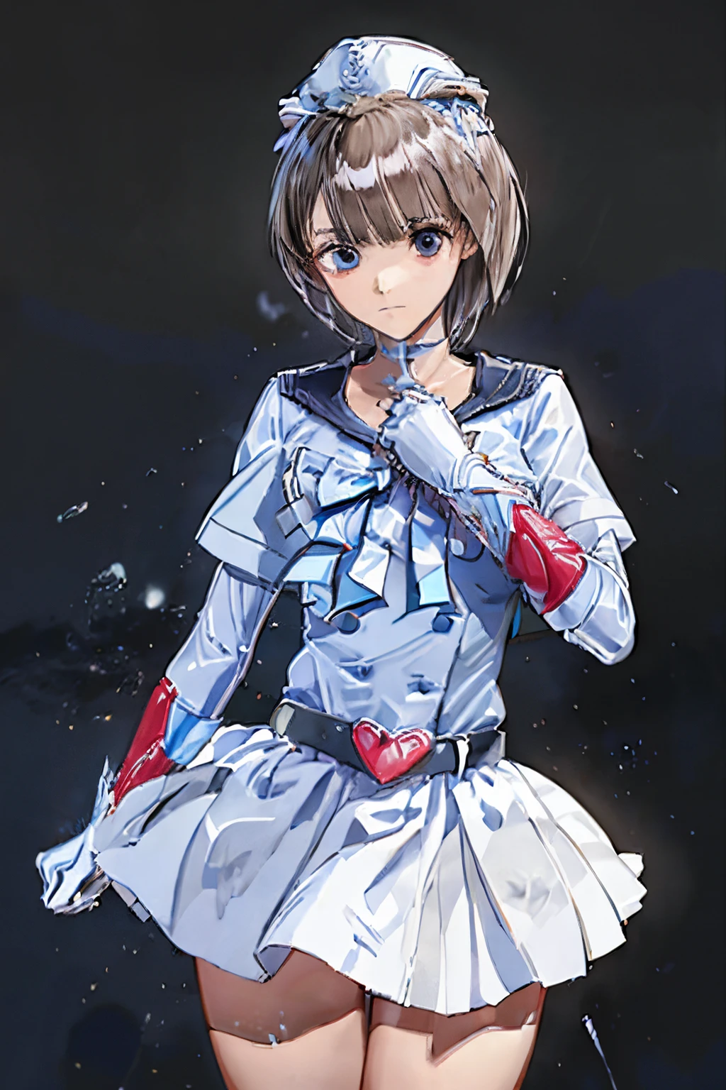 gloves, red eyes, white jacket, white skirt, best quality, masterpiece, Highly detailed, illustration, absurdres, white military uniform, white uniform, white hat, gloves, standing, girls, multiple girls, expressionless, blank eyes, looking at viewer, emotionless, corrution, mind control, female combatant, full body, hypnotized, unhappy trance, perfect female body, extremely glossy latex, belt, hypnosis, hypnoLora, empty eyes, Mind control device, thigh high, poses, submissive_pose, rubber bodysuit, nazi saluting, military, military saluting, salute, Bleach, Quincy, blonde hair, blue eyes, blue reflection, Heterochromia, Shirai Hinako, short hair, sword in the right hand