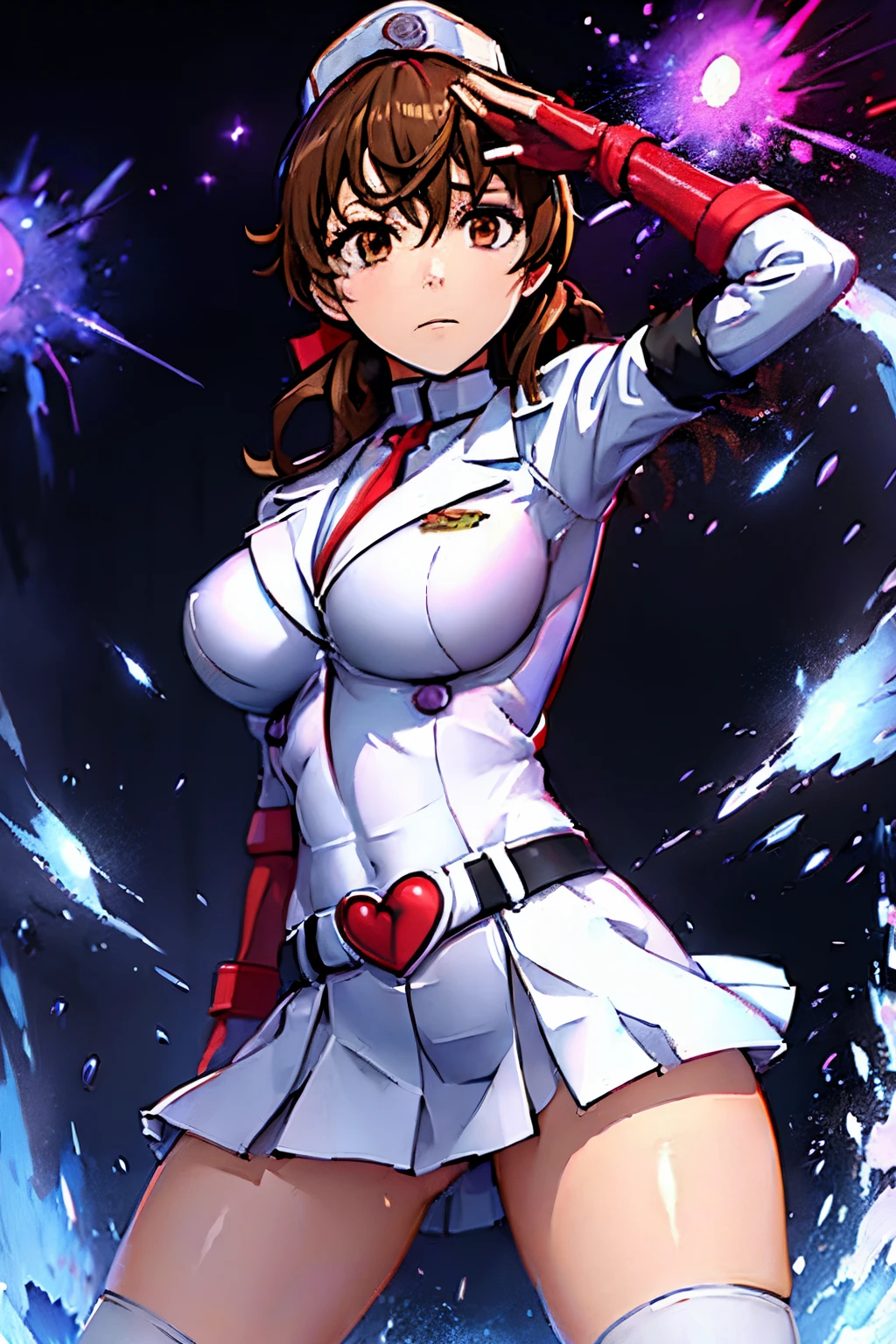 White gloves, red eyes, white jacket, white skirt, best quality, masterpiece, Highly detailed, illustration, absurdres, white military uniform, white uniform, white hat, gloves, standing, girls, multiple girls, expressionless, blank eyes, looking at viewer, emotionless, corrution, mind control, female combatant, full body, hypnotized, unhappy trance, perfect female body, extremely glossy latex, belt, hypnosis, hypnoLora, empty eyes, Mind control device, thigh high, poses, submissive_pose, rubber bodysuit, nazi saluting, military, military saluting, salute, Bleach, Quincy, tight miniskirt, brown hair, brown eyes, Menjou Hare, Guilty Crown