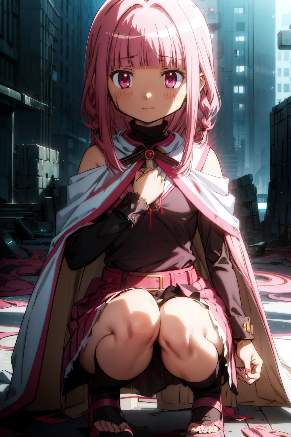 (1girl, solo), tamaki_iroha_puellamagimadokamagicasidestorymagiarecord, pink hair, (blunt bangs:1.5), (pink eyes:1.5), braid, sidelocks, long hair, (small breast:1.2), (white cloak, hooded cloak, bow,) looking at viewer, smile, blush, (blood, covered in blood, blood on arm, blood on face, blood on clothes, blood on hands, blood wet), jewelry, shoes, indoor, (masterpiece:1.2), best quality, high resolution, unity 8k wallpaper, (illustration:1.5), magical girl, anime style, anime coloring, (beautiful detailed eyes:1.6), extremely detailed face, perfect lighting, extremely detailed CG, (perfect hands, perfect anatomy), (dynamic pose, dynamic angle:1.1), (full body:1.2), (depth of field), quality focus, sharp focus, perfect composition, shaded face, modern warfare setting, ruined futuristic city in background, various colors, (details:1.2), colorful, shadow, scenery, intricate, caustics, wide shot, extremely detailed background,