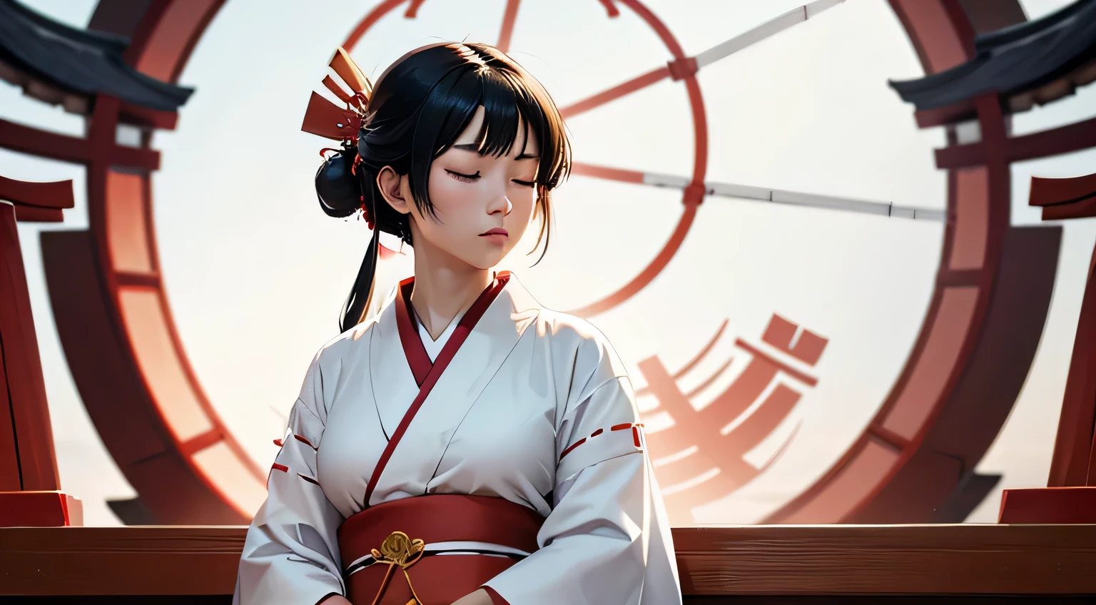 Woman, shrine maiden, shrine maiden, Black hair, White kimono, Closing your eyes, Praying, from the front side, full, big circle on background