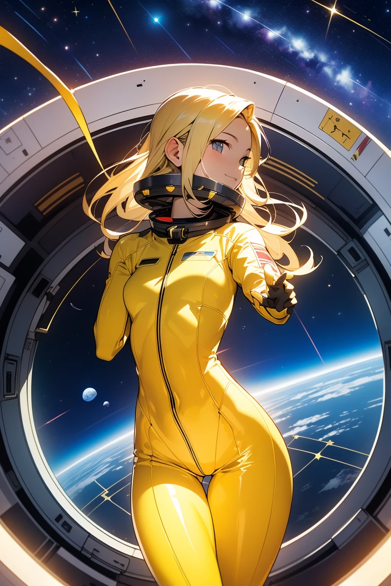 (masterpiece, best quality:1.2), (cowboy shot:1.1), solo, 1girl, mori yuki, slight smile, closed mouth, side view, looking at viewer, blonde hair, long hair, thigh gap, yellow bodysuit, skin-tight, perfect body, large window, (starship porthole:1.3), (:1.3), (standing:1.1), thigh gap, pose, sideview, perfect hands, bright starship interior, (outer space view:1.1), (orbital view:1.3), (night, starky:1.5), milky way