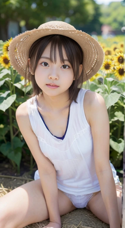 hight resolution、high-level image quality、in 8K、Real live-action、生a picturegraphy、top-quality、masterpiece、超hight resolution、生a picture、ren、Beautiful fece、masutepiece、((Obscene content))、For adults、charm of 、absurderes、((((Japan ))))、Japan Girl、((8years old))、((with round f、((Tanuki face))、((Cute little face))、(((((A look of shame)))))、de pele branca、((chubby figure))、小柄、Juvenile physique、Smaller chest、kne、 thighs thighs thighs thighs、独奏、fullllbody、Very nice、(((white ruffle white tank top:1.0) ))、 ((Pubic area))、(Mansuji)、((White panty))、Are sleeping、(Photorealsitic:1.37)、Photon mapping、Realistic、Radio City、Physically Based Rendering、depth of field rally background、a picture、(((a junior idol in Japan)))、Sparkling eyes、shiny lip、too bright natural light、The Bright Sun、Too bright sunlight、(((((8years old)))))、(((Pubic area)))Mansuji)、white tank tops、Open your legs、Open your crotch、Show off,(((Dog Pose)))、NSFW、((The background is a sunflower field))、((a straw fedora hat))