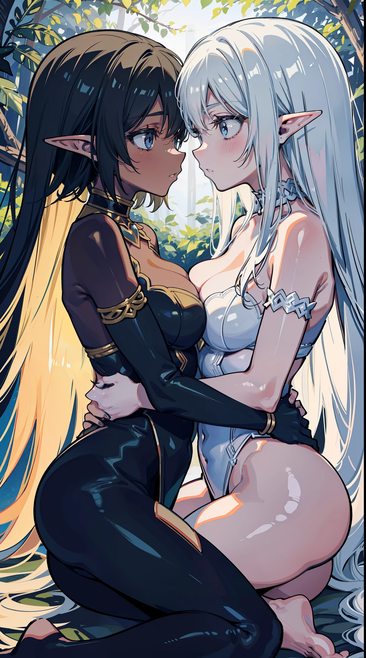 Two female elves，One black and one white，hold each other tight，The two bodies are very close，kisses，at a forest