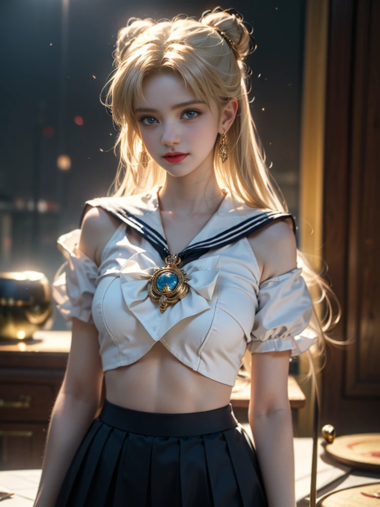 tmasterpiece,Highest image quality,super detailing,Best quality ,Extremely Delicately Beautiful, Very meticulous,Best quality, offcial art, extremely detaild的 CG unified 8k wallpapers, Ana de Armas portrait photo, 金发eBlue eyes,(CG Unity 8K wallpaper in extreme detail,tmasterpiece,Highest image quality),(Delicate light and shadow,The picture is highly dramatic,Cinematic lens effect), (the sailor moon:1.1),Charming smile,double tails, eBlue eyes,golden hair, tight top,whitegloves, mini-skirts,dynamicposes),The background is the universe(Exceptional detail,The lighting effect is outstanding,Vista wide angle),(Excellent rendering,Enough to stand out from the crowd),Sexy big breasts,Dreamcatcher earrings,The sexiest look,beautiful thilack silk clothing,The most beautiful woman in the world,