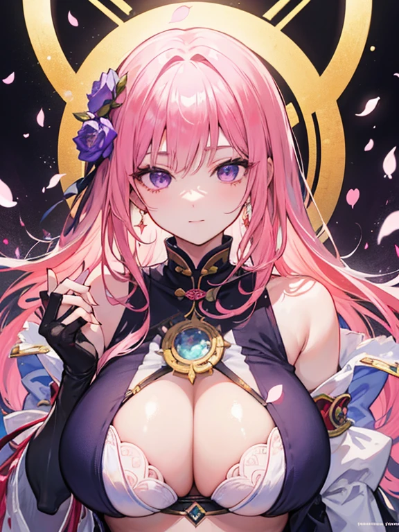 Haruno Sakura, made with anime painter studio, pretty anime girl, (Anime Girl), In an anime style, Sakura Haruno, sakura petals around her, anime style portrait, soft anime illustration, painted in anime painter studio, marin kitagawa fanart, Anime Girl with Long Hair, Gapmoe Yandere,Pink hair,宝石のようなPurple eyes,(Purple eyes),long lashes,huge tit,not any dressed,A slight smil,Untied wavy long hair,barechested,Sexy transparent white gold low cut lace armor cleavage、Close up portrait of woman holding lotus flower in hand, head jewelry, Violet Necklace, Jade Belt , Toned abs, a beautiful fantasy empress, ((a beautiful fantasy empress)), beautiful celestial mage, beautiful character painting, full-body xianxia, portrait knights of zodiac girl, by Yang J, G Liulian art style, Fantasy Art Style,