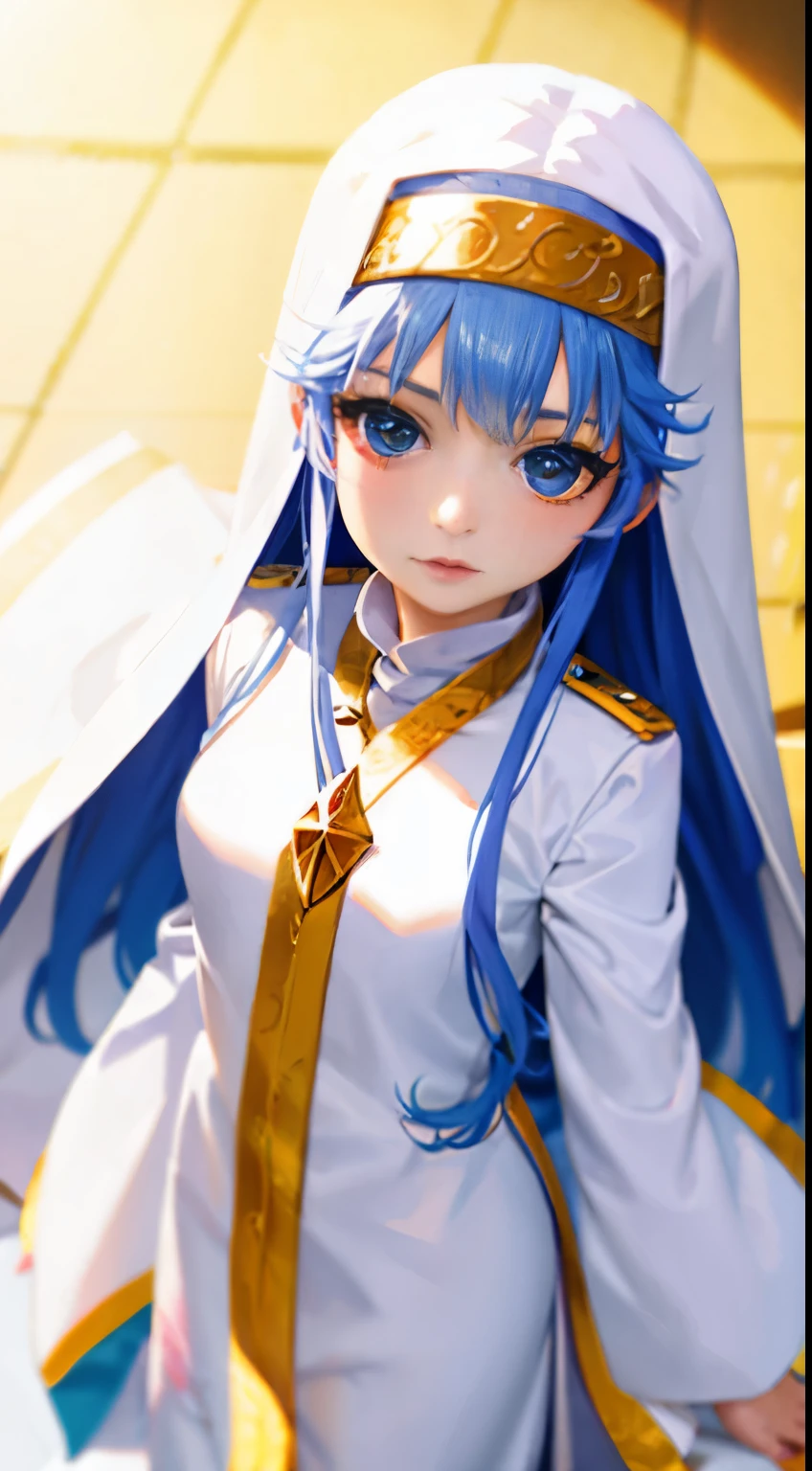 anime girl in a white robe with a cake in front of her, portrait knights of zodiac girl, anime goddess, knights of zodiac girl, fus rei, anime style like faay night, anime character, manga character, white haired deity, anime princess, holo, anime in fantasy style, anime girl named lucy, rei hiroe, female anime character, cleric,Anime female characters in the magic catalog,Index's white nun,Silver metallic luster long hair,White nun's robe with gold lace,White nun's headscarf with gold lace,Playing around the house