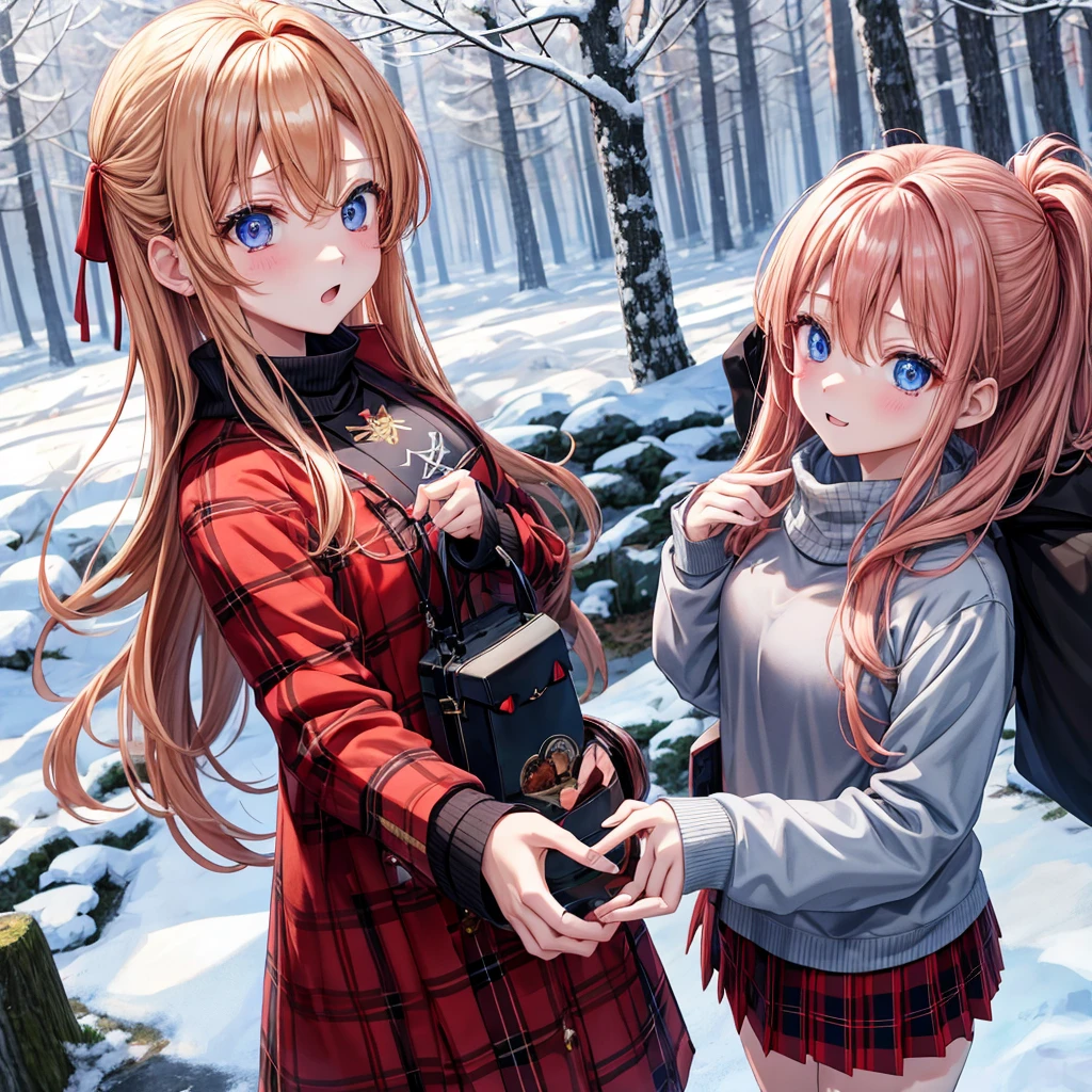 red blonde、blue eyess、three good looking girls、独奏、animesque、Plaid miniskirt、Black T-shirt、coat、the woods、Sunlight、Looks cold、Snow is piled up、kicking snow、Wearing a muffler、Gah、Rime、Frolicking