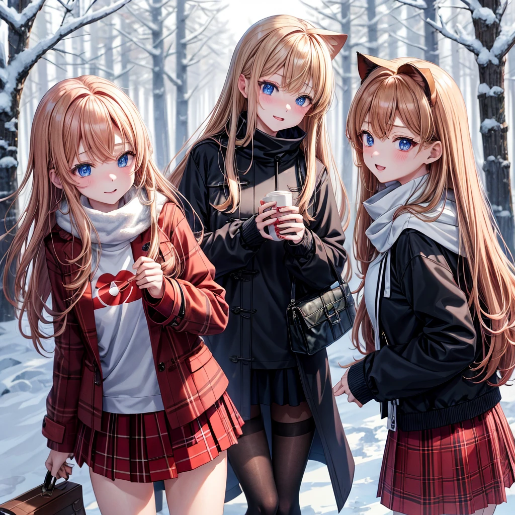 red blonde、blue eyess、three good looking girls、独奏、animesque、Plaid miniskirt、Black T-shirt、coat、the woods、Sunlight、Looks cold、Snow is piled up、kicking snow、Wearing a muffler、Gah、Rime、Frolicking